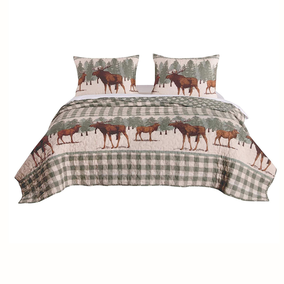 Benjara Bm223379 Fabric Quilt Set With Animal & Plaid Print Green & Brown - King Size