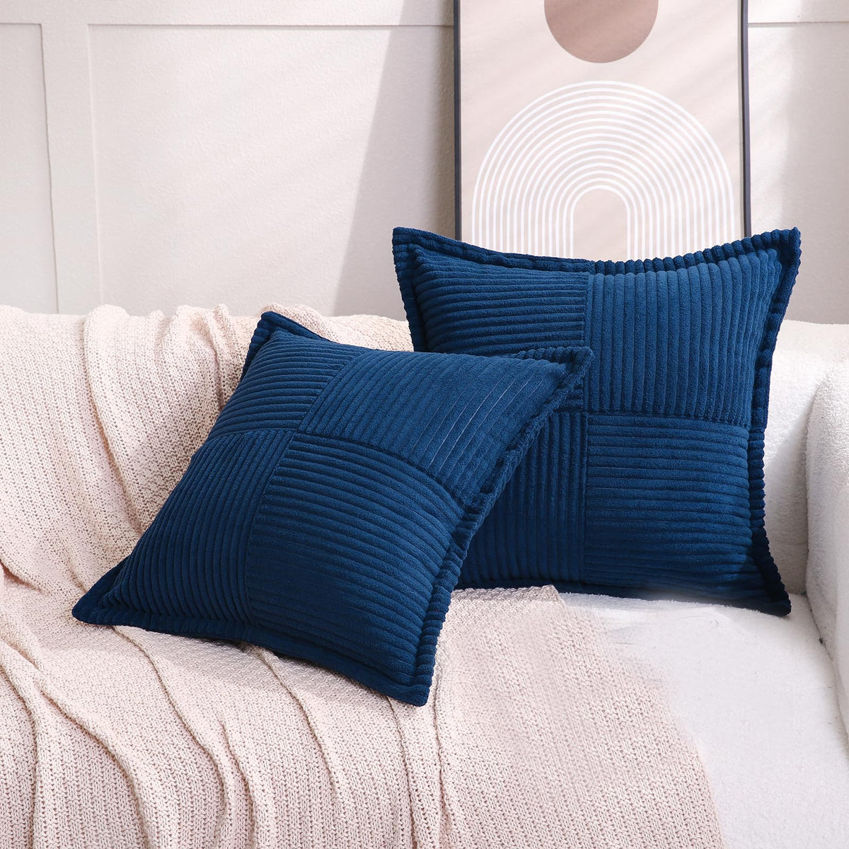Puncuntex Corduroy Throw Pillow Covers Set Of 2 Boho Decorative Navy Blue 24?24 Inch,Super Soft Pillowcase Cozy Striped Texture