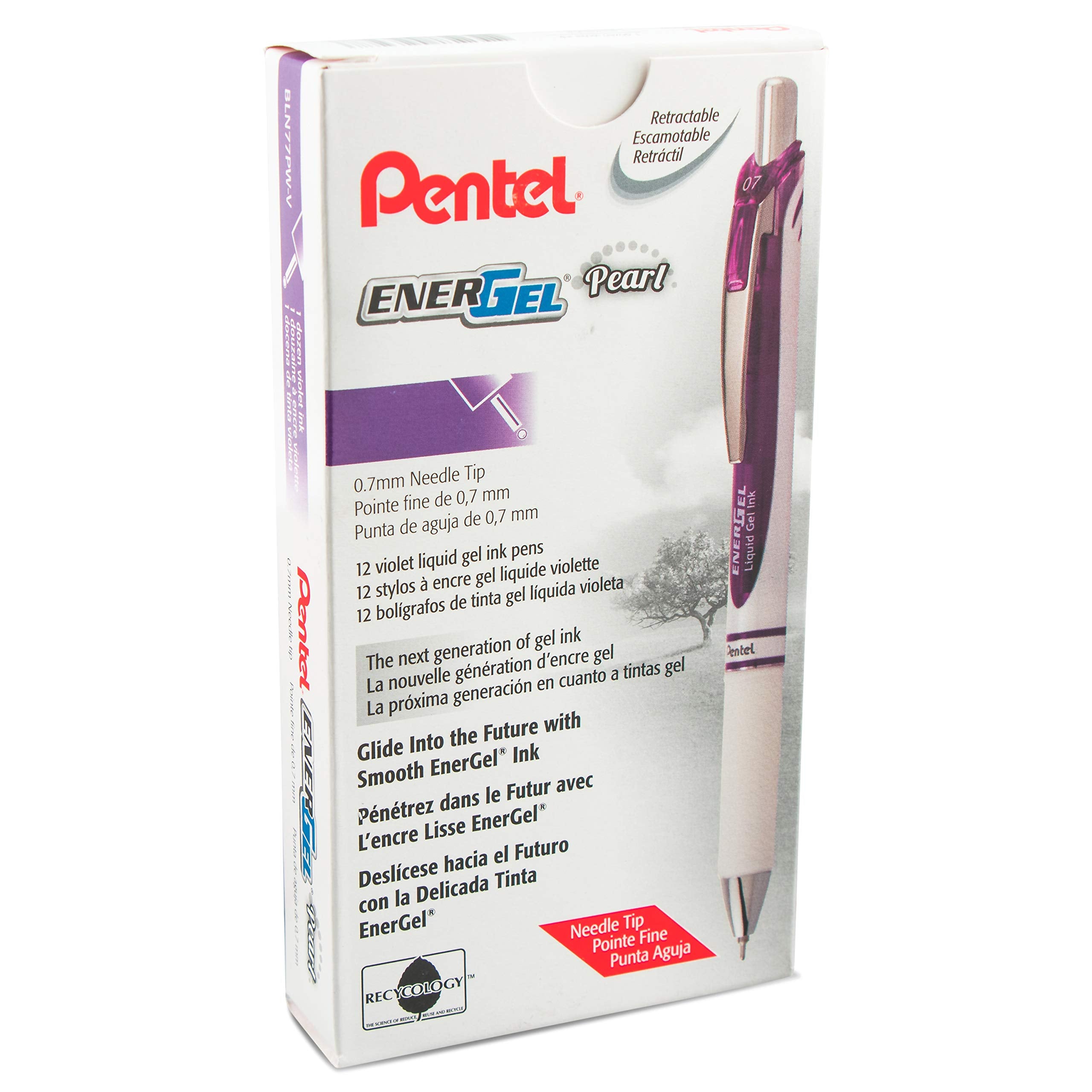 Pentel Gel Ink Pen, Pearl Retractable Gel Pen, (0.7Mm) Medium Point, Needle Tip, Violet Ink, 12 Pack (Bln77Pw-V)