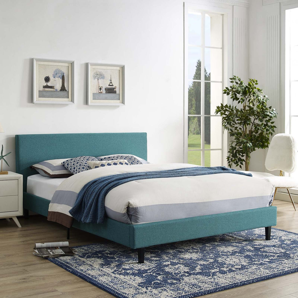 Modway Anya Upholstered Teal Full Platform Bed With Wood Slat Support