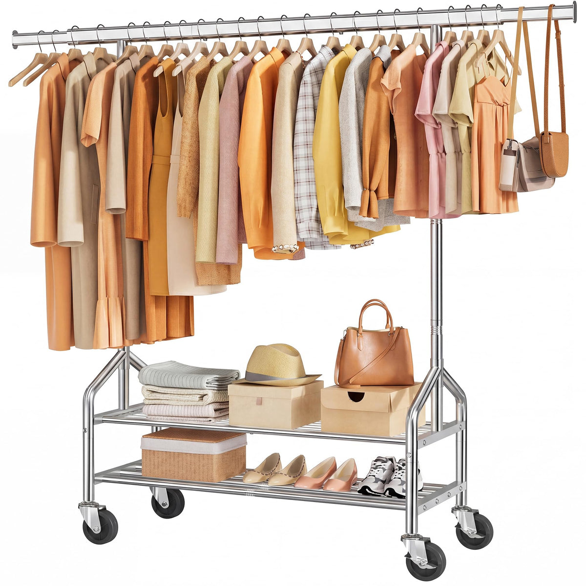 Tajsoon Clothes Rack with 2 Shelves, Heavy Duty Load 350 LBS, Chrome