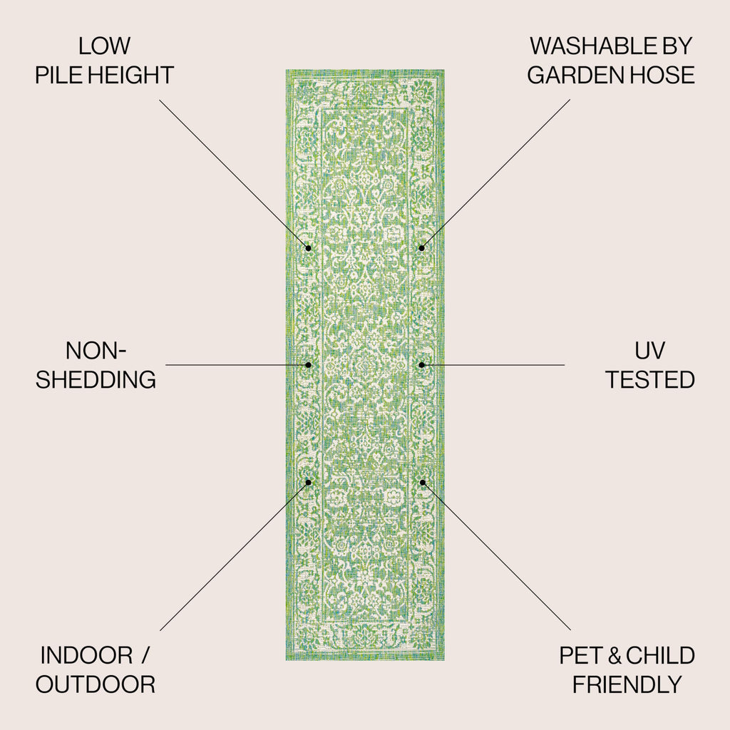 Jonathan Y Smb100F-28 Tela Bohemian Textured Weave Floral Indoor Outdoor Area-Rug, Coastal, Traditional, Transitional Easy-Cleaning,Bedroom,Kitchen,Backyard,Patio,Non Shedding, Cream/Green, 2 X 8