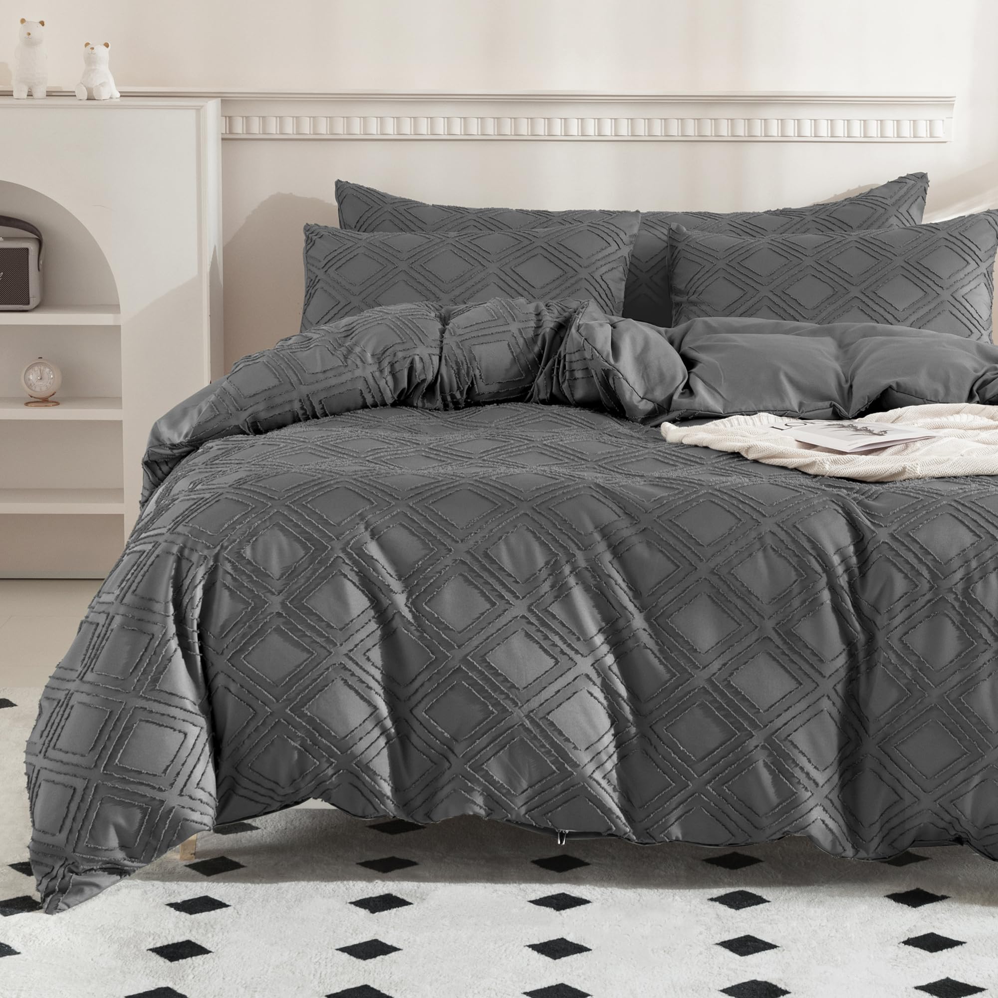 Jellymoni Dark Grey Duvet Cover Queen Size - 3 Pcs Microfiber Tufted Duvet Cover Set, Boho Textured Duvet Cover Jacquard Rhombus