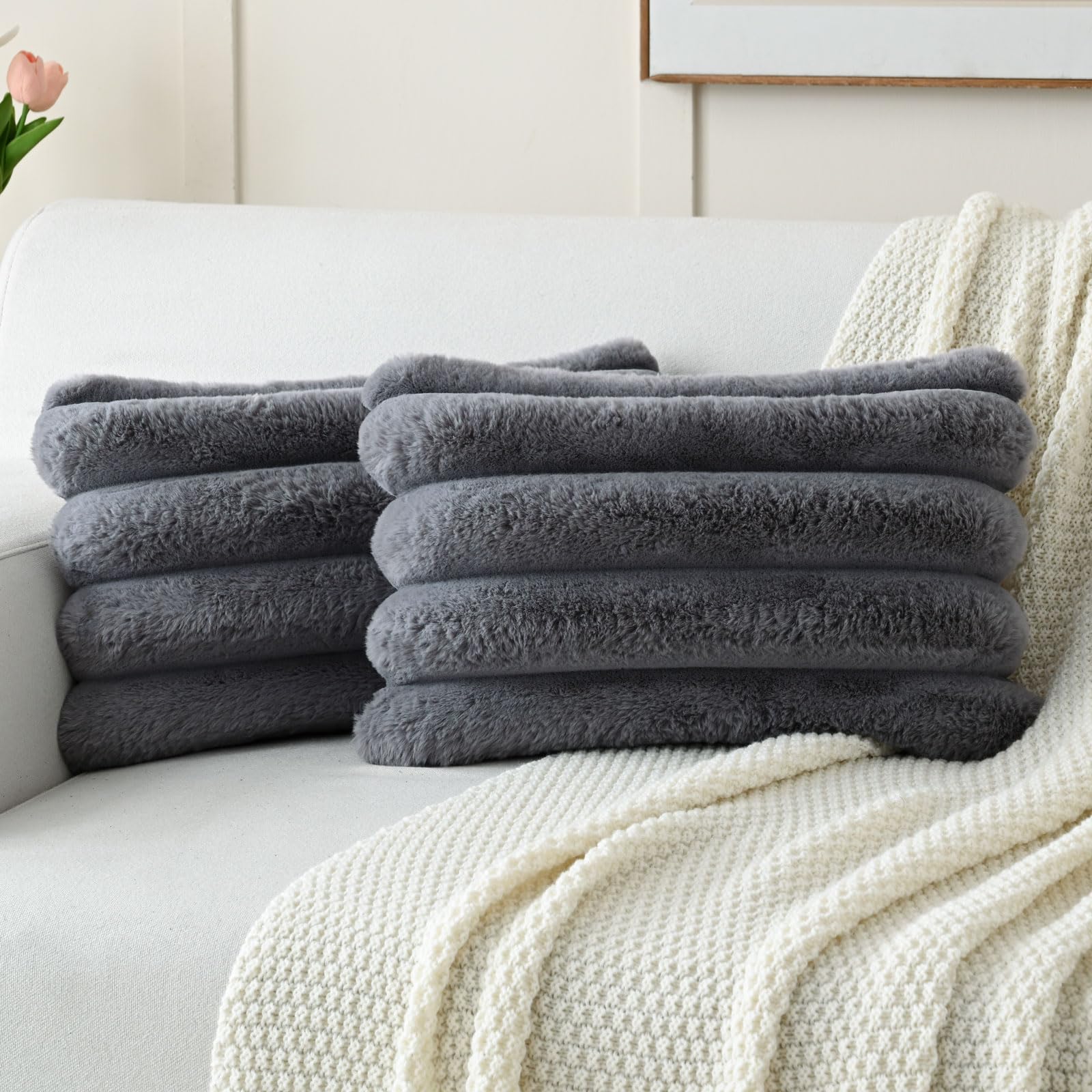 Futei Grey Decorative Throw Pillow Covers 12X20 Inch Set Of 2, Square Soft Faux Rabbit Fur Big Striped Cushion Cover,Home Decor
