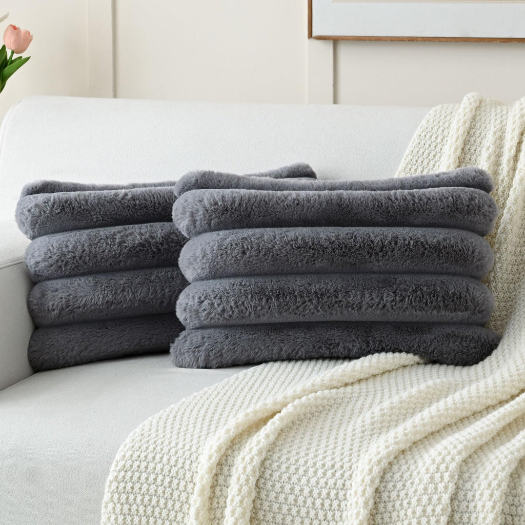 Futei Grey Decorative Throw Pillow Covers 12X20 Inch Set Of 2, Square Soft Faux Rabbit Fur Big Striped Cushion Cover,Home Decor