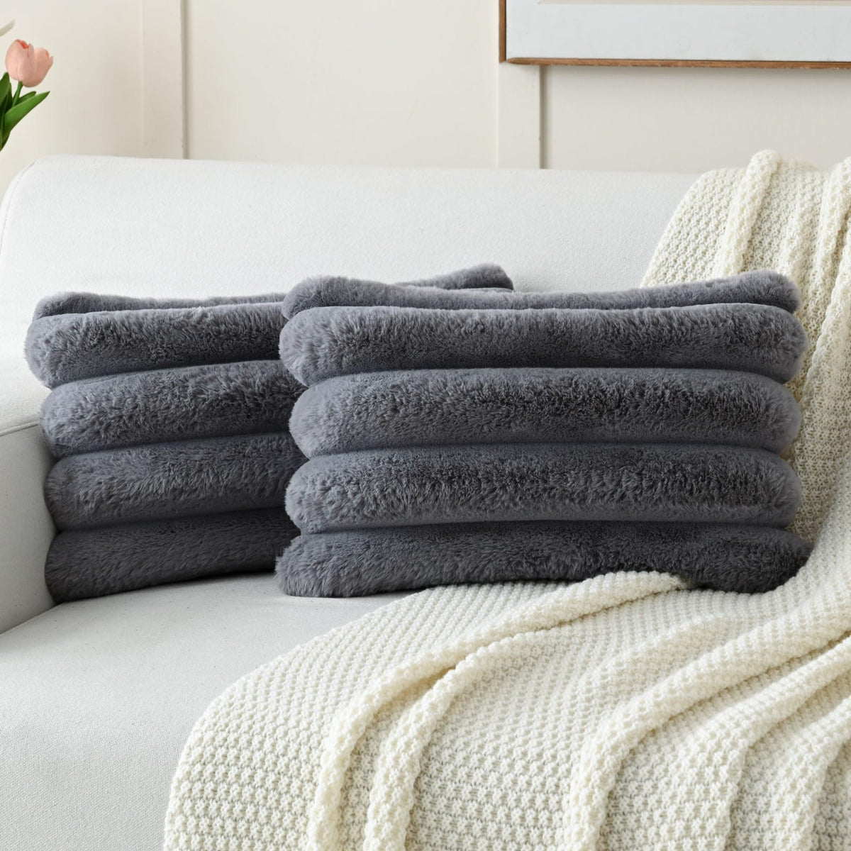 Futei Grey Decorative Throw Pillow Covers 12X20 Inch Set Of 2, Square Soft Faux Rabbit Fur Big Striped Cushion Cover,Home Decor