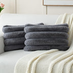 Futei Grey Decorative Throw Pillow Covers 12X20 Inch Set Of 2, Square Soft Faux Rabbit Fur Big Striped Cushion Cover,Home Decor