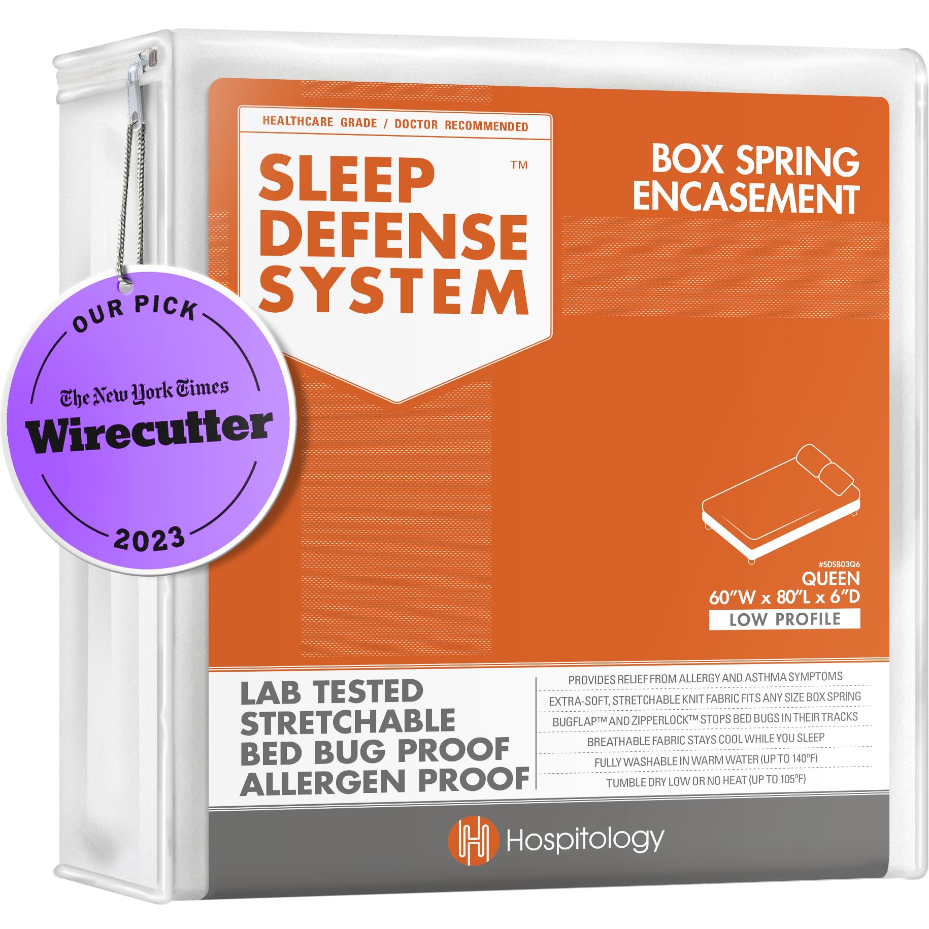 Hospitology Products Box Spring Encasement - Zippered Bed Bug Dust Mite Proof Hypoallergenic - Sleep Defense System - Queen -60'