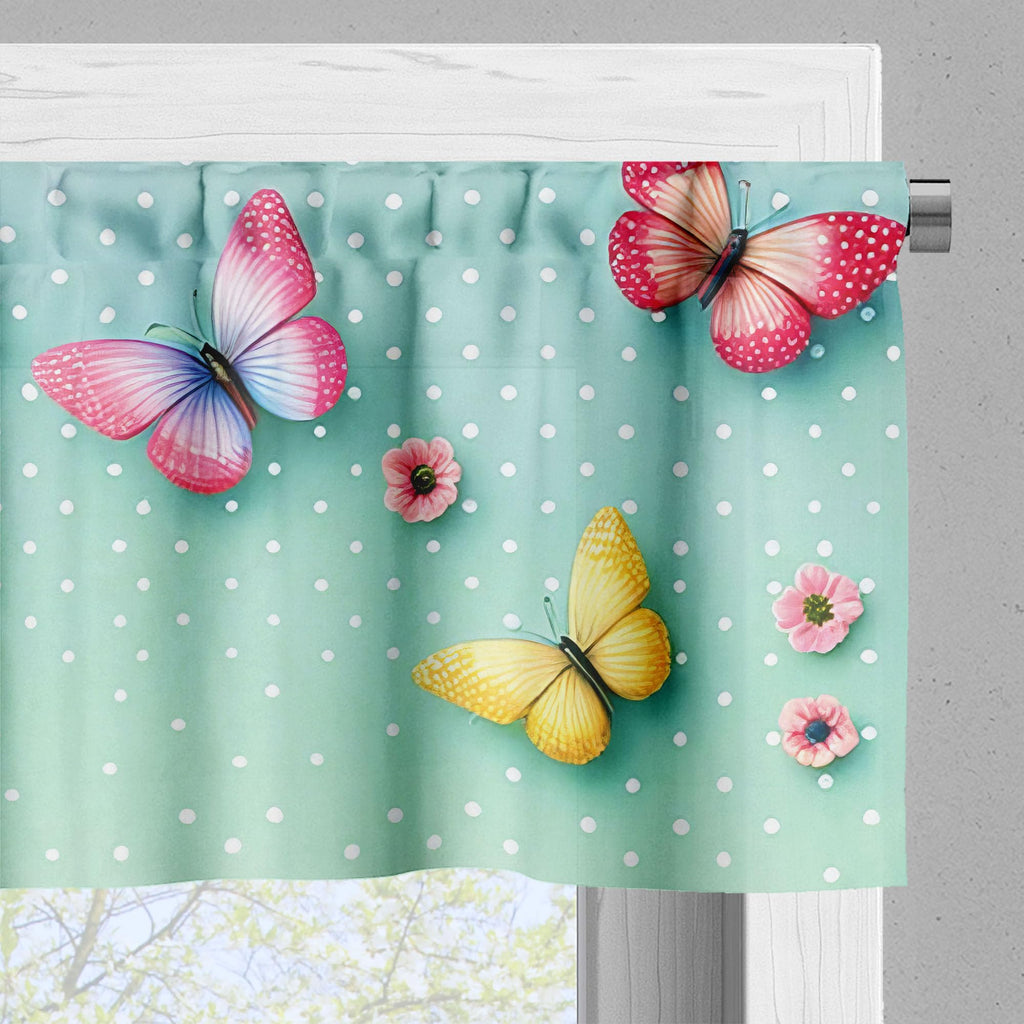 Ambesonne Butterfly Window Valance Pack Of 2, Polka Dot Backdrop With Wings Of Spring And Blushy Sakura Flowers, Rod Pocket Curtain Valances Kitchen Bedroom, 54' X 12',Mint Green And Multicolor