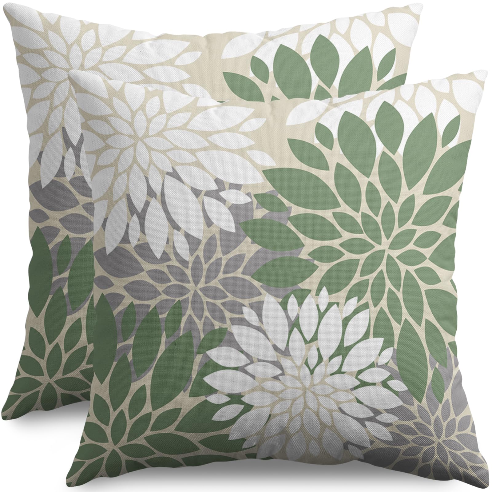Sage Green White Grey Gray Pillow Covers 18X18 Inch Set Of 2, Spring Modern Geometry Dahlia Floral Print Decorative Throw Pillow