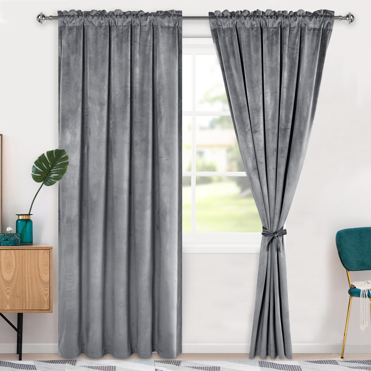 Hiasan Grey Velvet Curtains 84 Inch Blackout Rod Pocket Thermal Insulated Soft Curtains Room Darkening Window Drapes With Tiebac