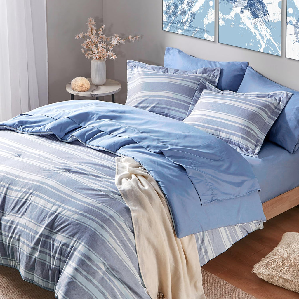 Codi King Size Bedding Comforter Sets with Sheets, Blue White Striped Bed in a Bag Reversible for All Seasons, Modern Cationic D