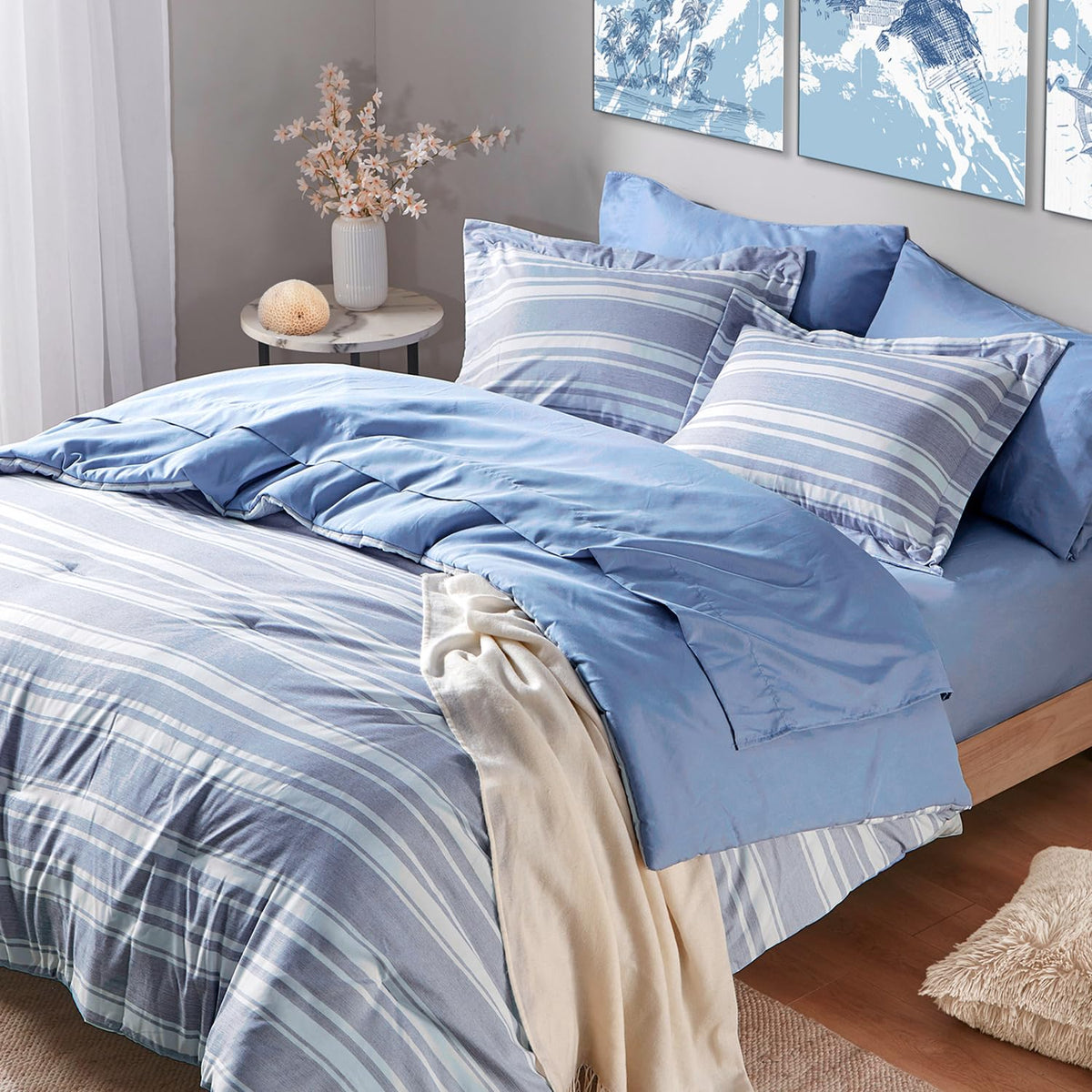 Codi King Size Bedding Comforter Sets with Sheets, Blue White Striped Bed in a Bag Reversible for All Seasons, Modern Cationic D