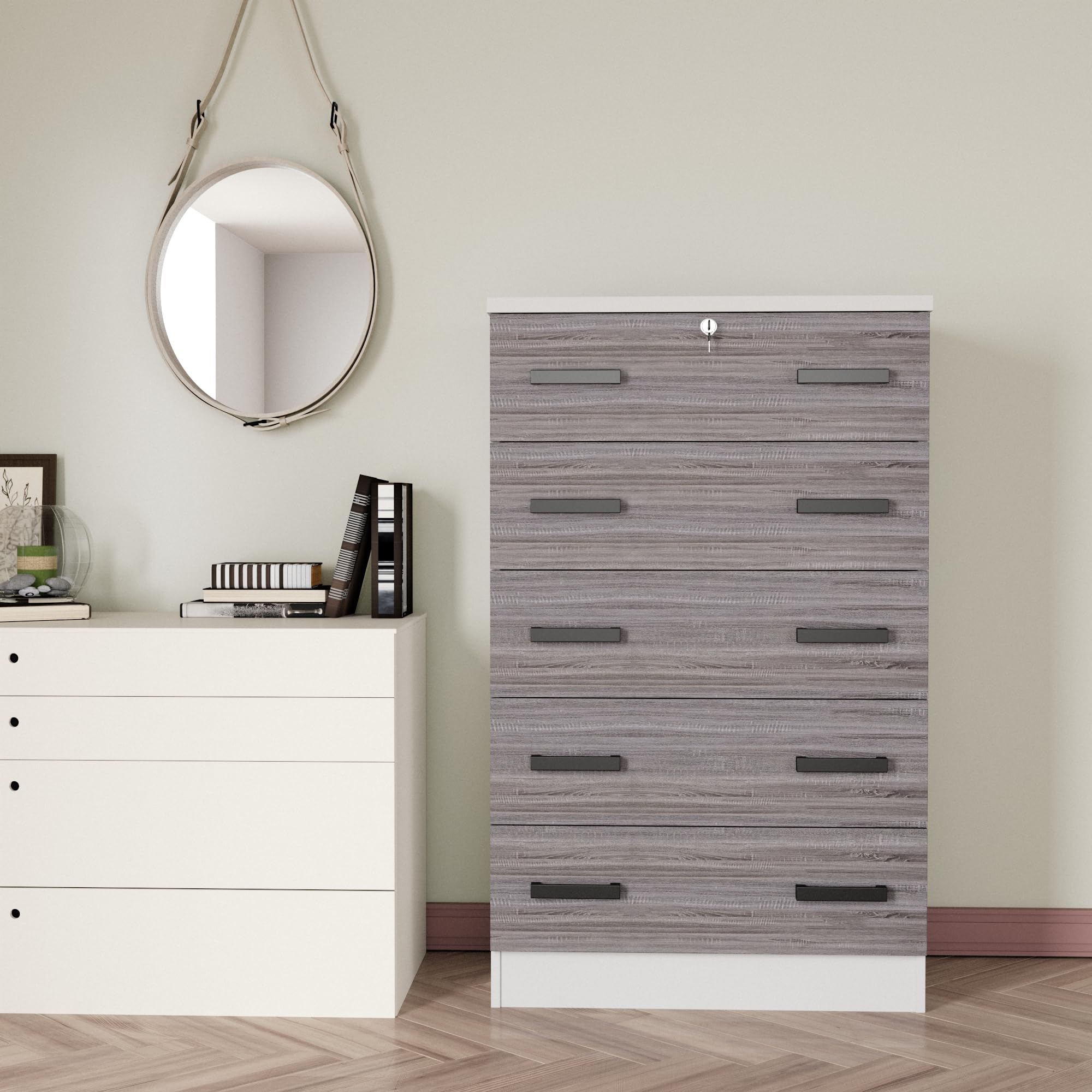 Cindy 5 Drawer Chest Wooden Dresser with Lock (White & Grey)