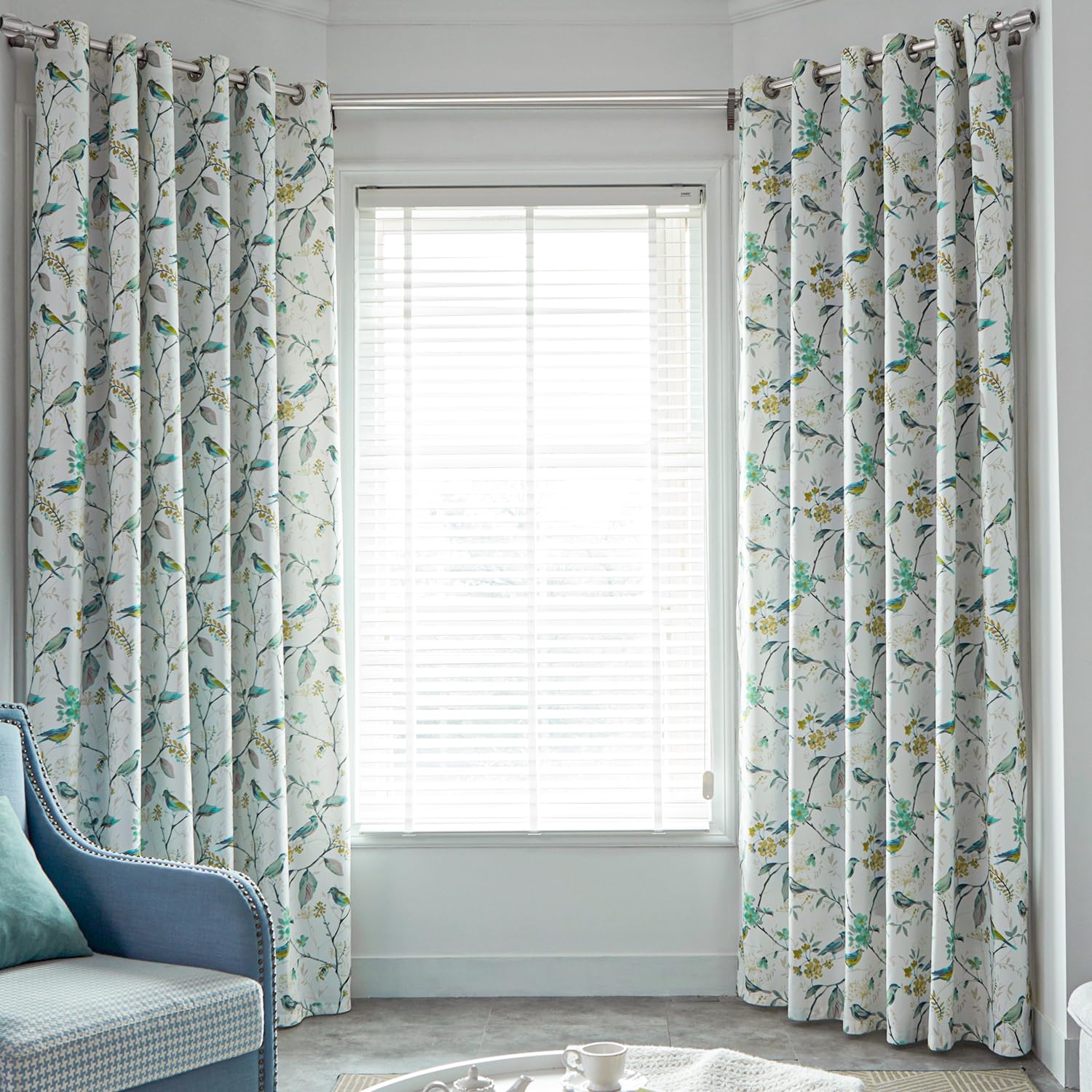 Vogol Linen Grommet Curtains Birds And Flower Print Window Panels For Bedroom Living Room, One Panel, 52X63, Green