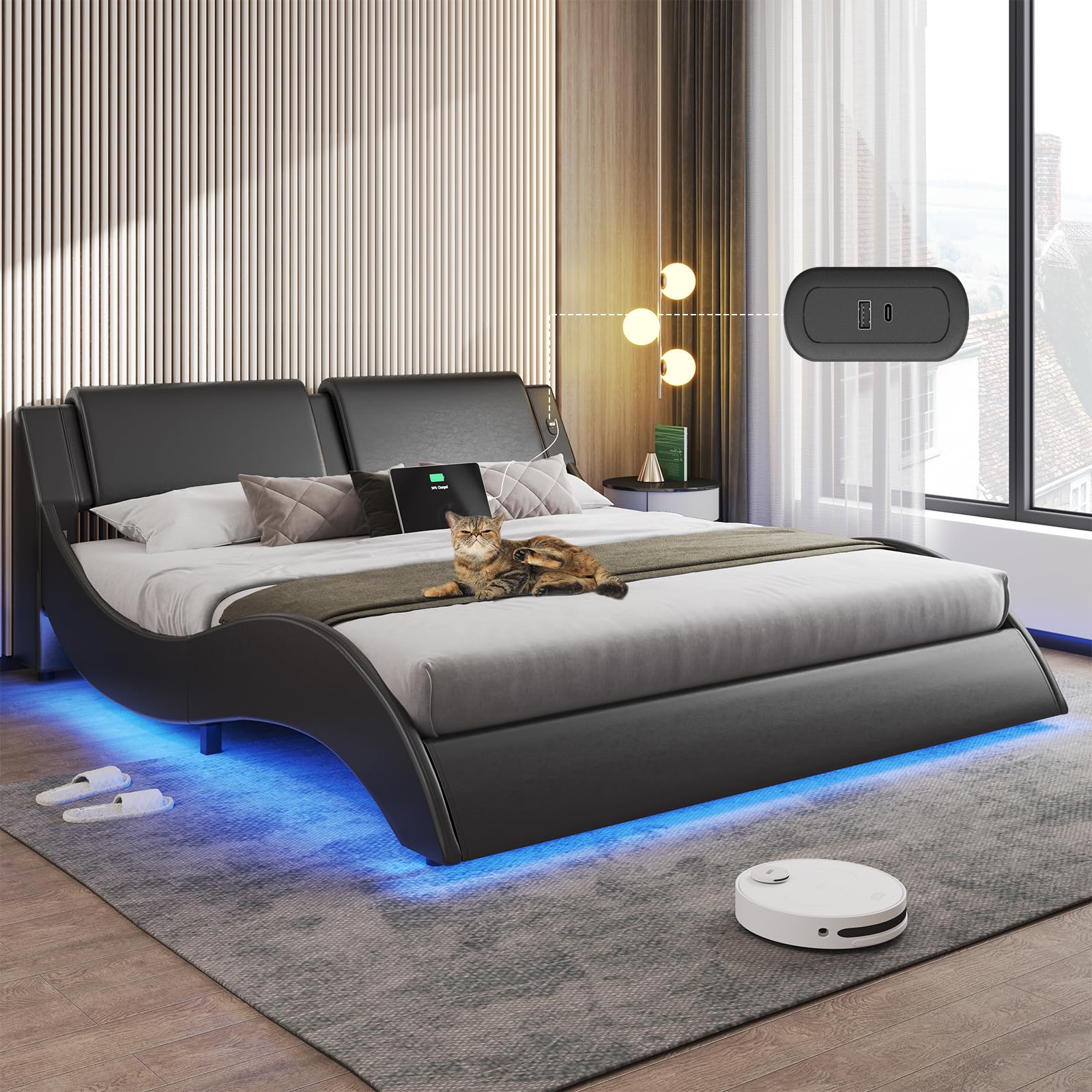 DICTAC Queen Bed Frame with Led Lights and Charging Ports Modern Faux Leather Upholstered Queen Size Platform Bed with Headboard