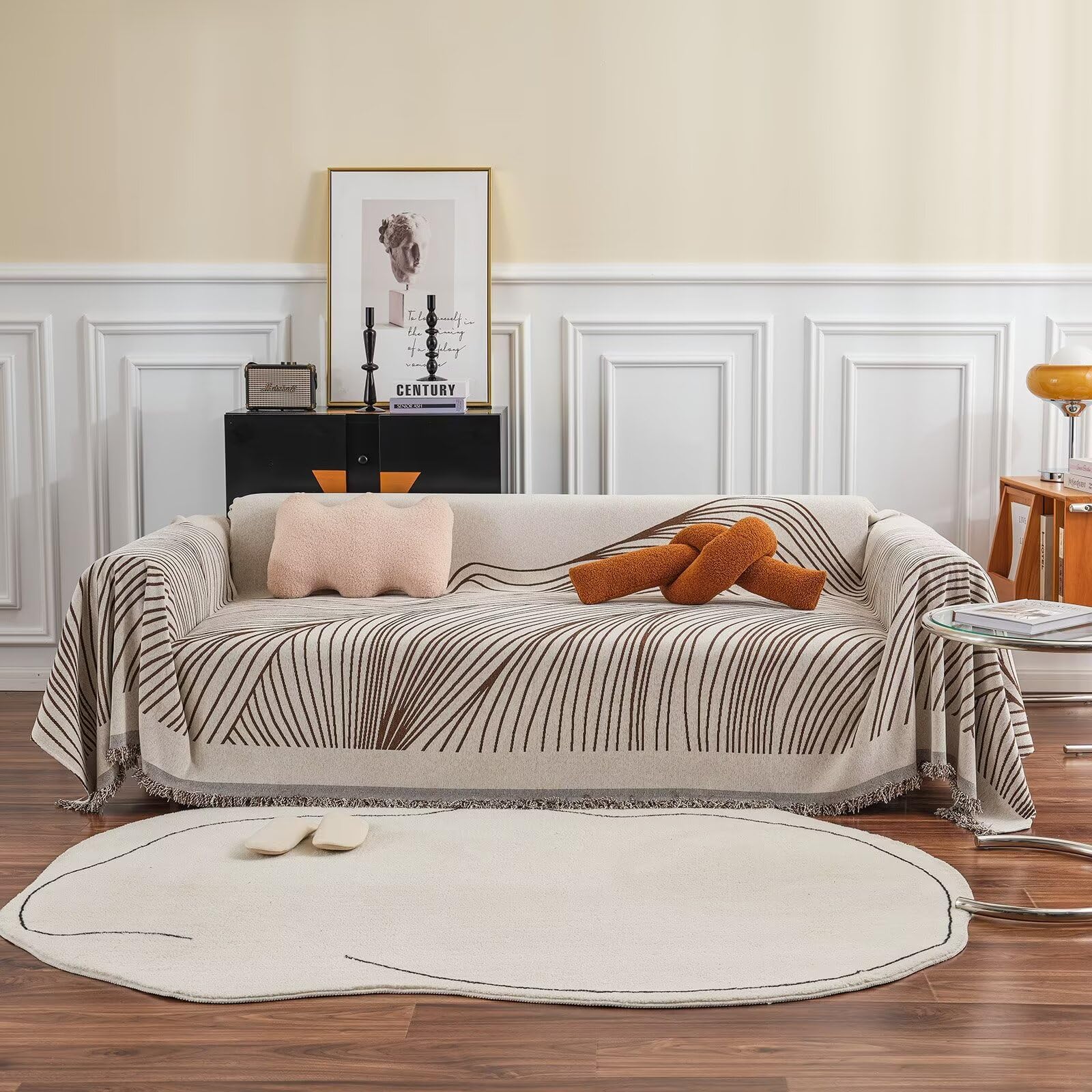VClife Modern Chenille Sofa Couch Cover Boho Style Beige Coffee Brown Stripe Slipcover for Dog, Pet-Friendly Sectional Futon Sof