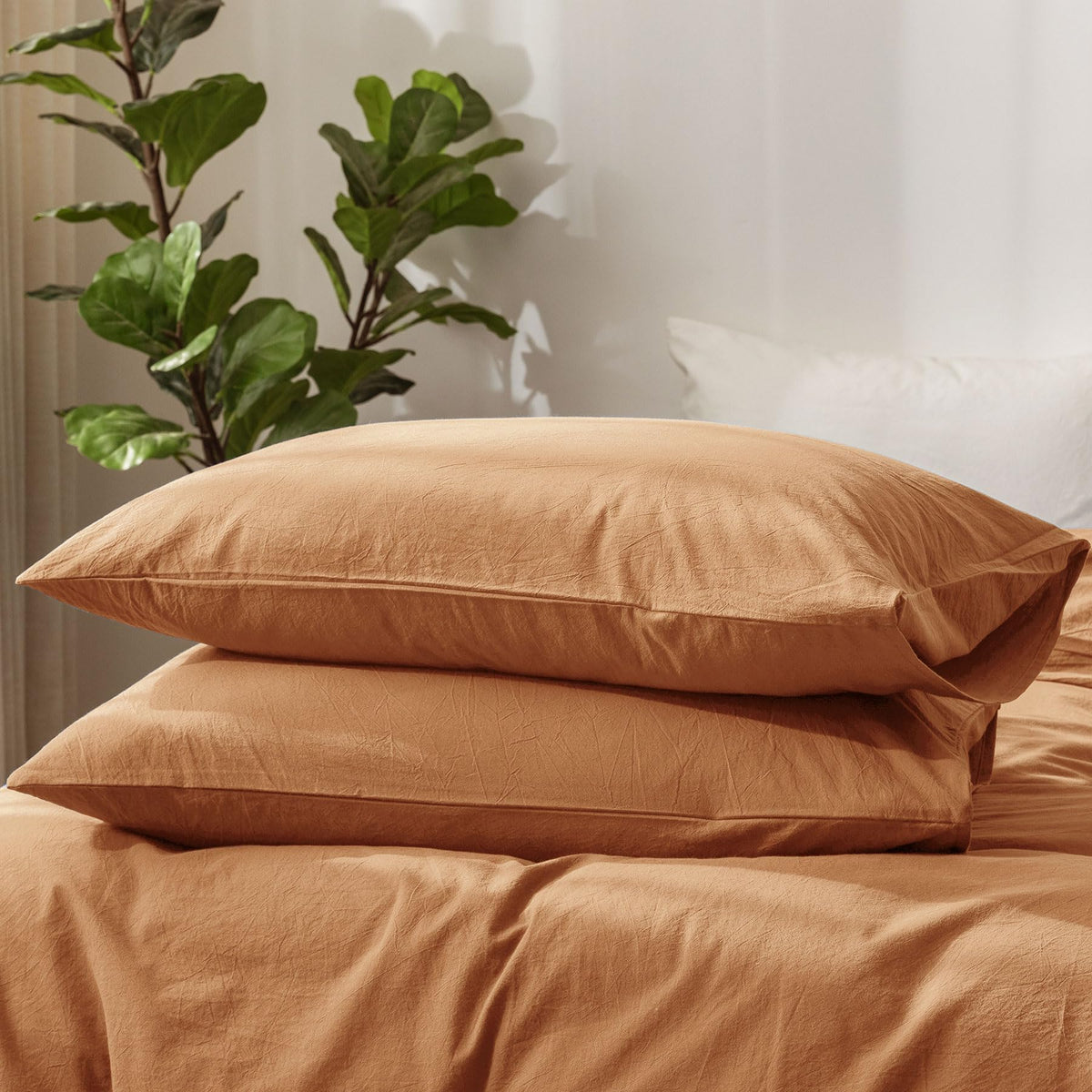 Moomee Bedding Pillowcases Pack Of 2 100% Washed Cotton Linen Like Textured Breathable Durable Soft Comfy (Dark Orange, Queen)