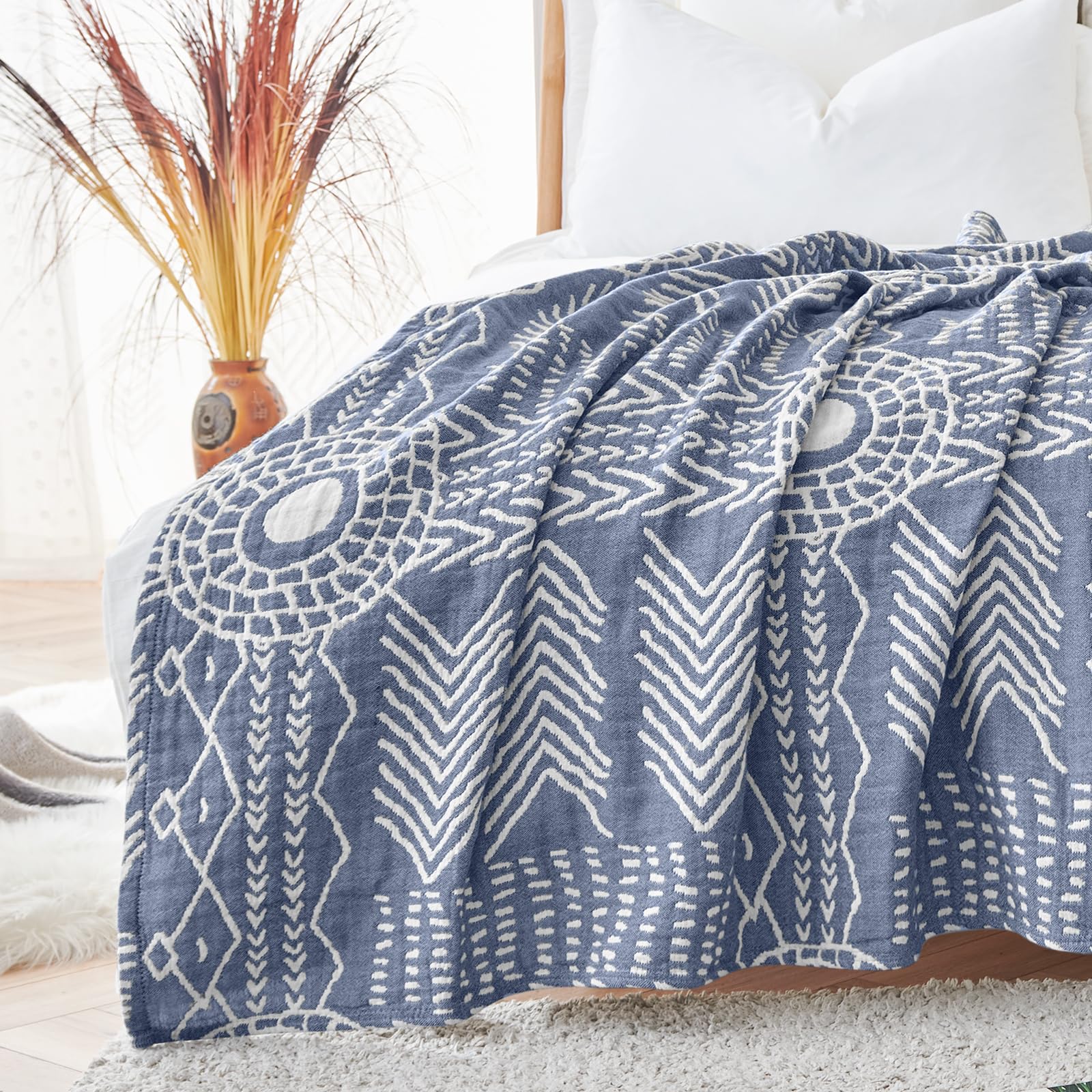 Jinchan Boho 100% Cotton Blanket Muslin Lightweight Twin Size Throw Blanket For Couch Soft Cozy All Season Blanket 3-Layer Throw
