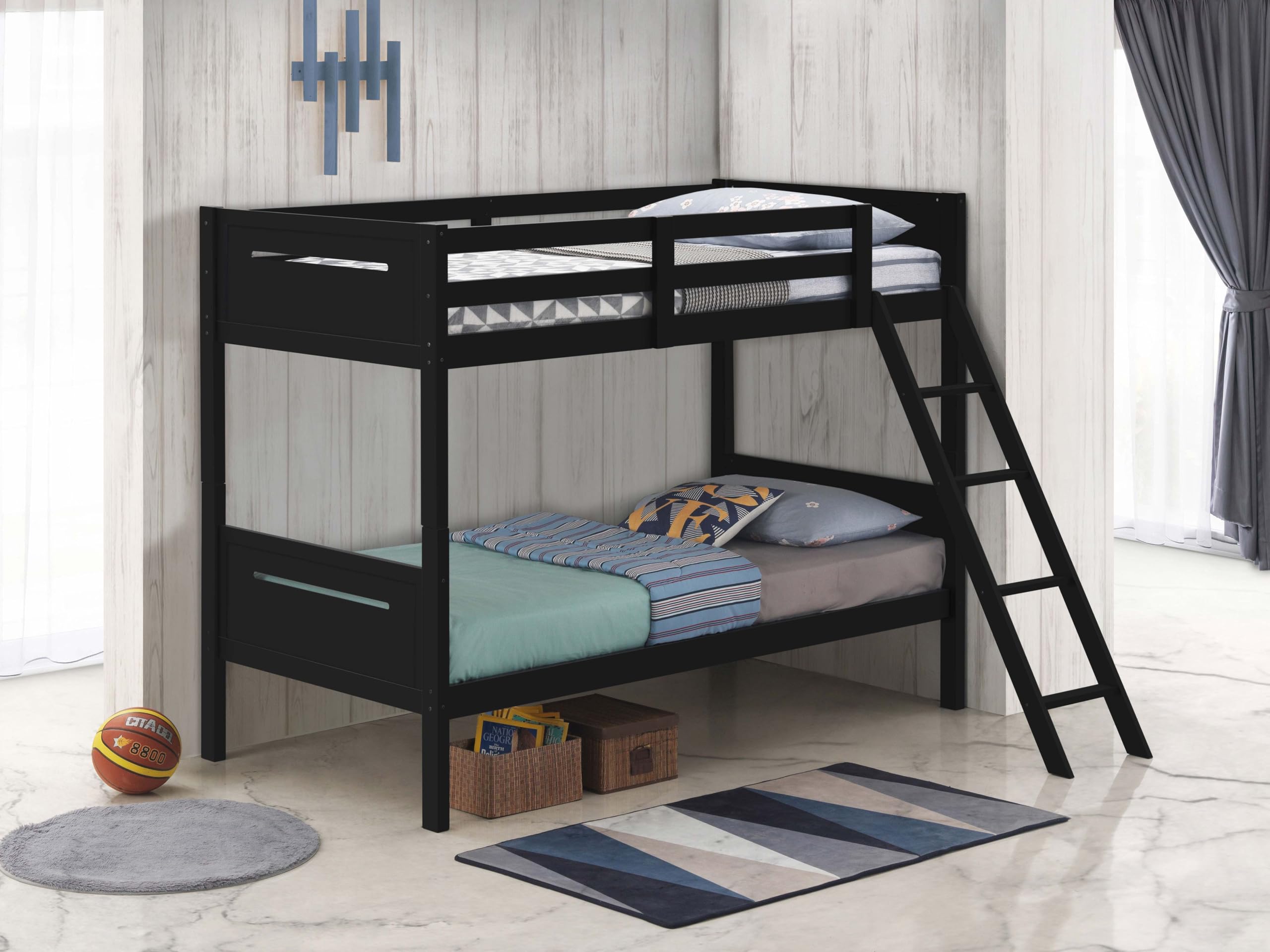 Coaster Home Furnishings Littleton Transitional Wood Twin Over Twin Size Bunk Bed Frame with Ladder and Guardrails Fully Slatted Mattress Ready Foundation Black 405051BLK