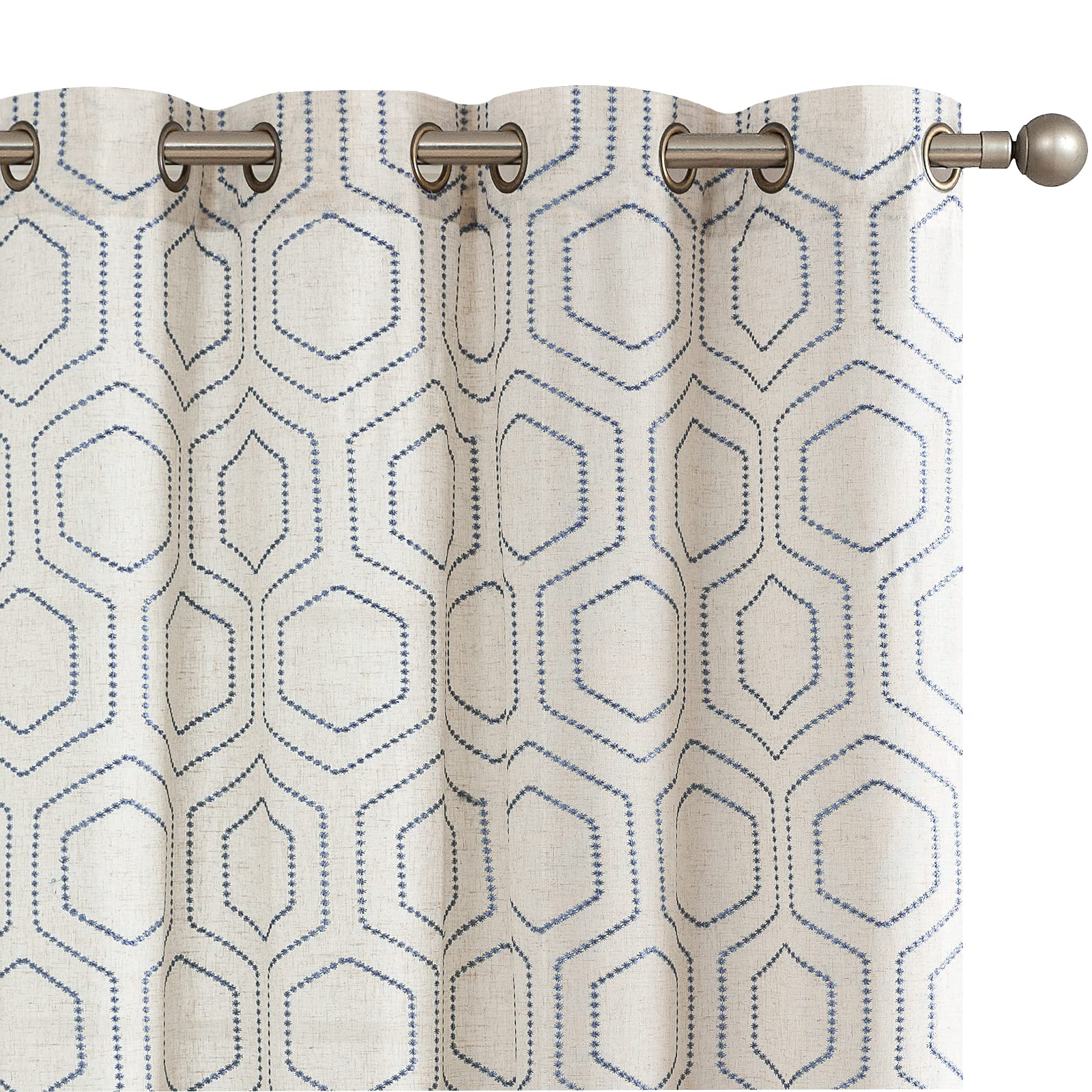 Jinchan Blue Window Curtains Linen Textured Curtains 63 Inch Long Honeycomb Embroidered Design Living Room Curtain Drapes Bedroo