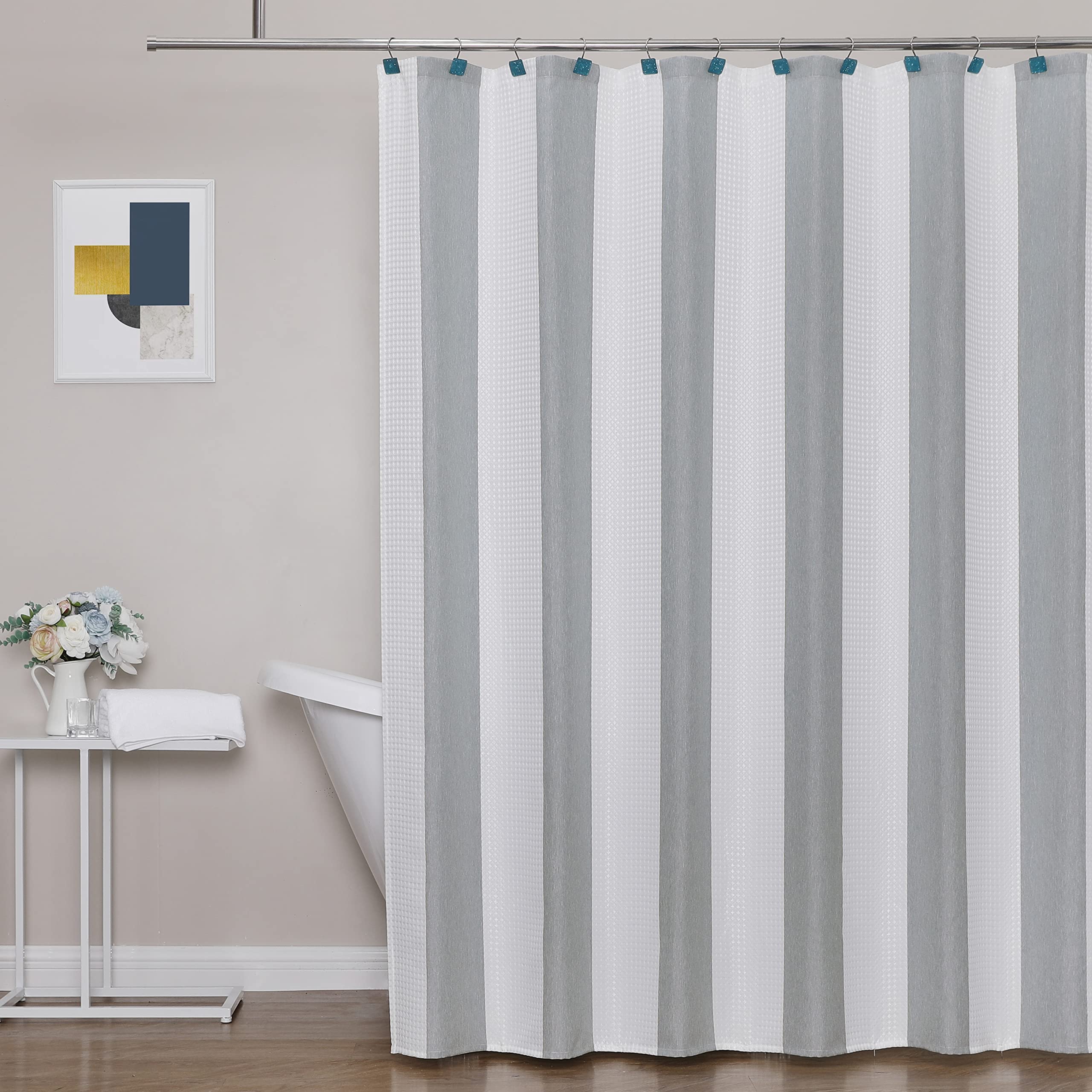 WEST LAKE Waffle Fabric Shower Curtain Gray and White Striped with Weave Textured No Hook Bathroom Curtains Water Resistant Hote