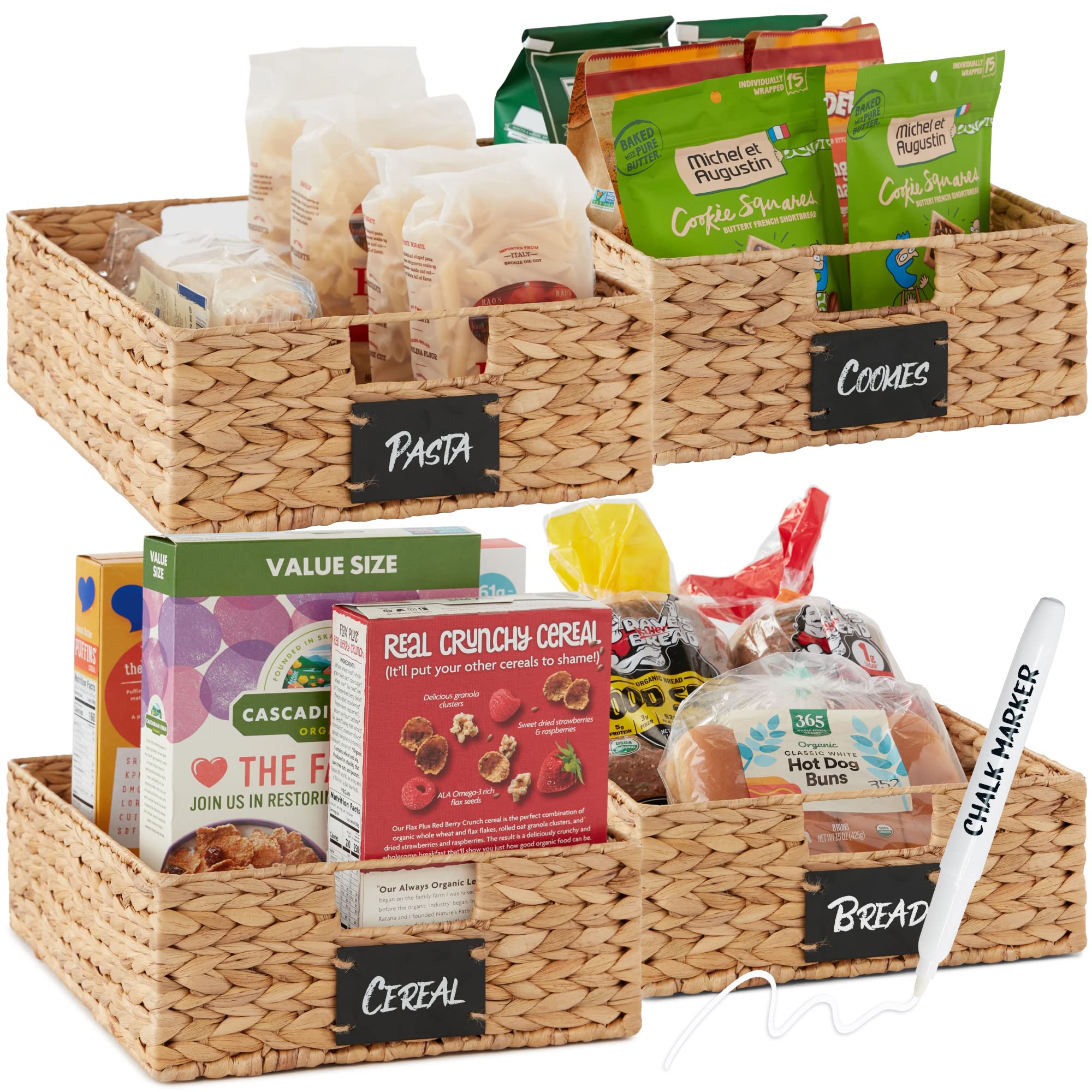 Best Choice Products Set of 4 16x12in Large Water Hyacinth Pantry Baskets, Woven Kitchen Organizers w/Chalkboard Label, Chalk Ma