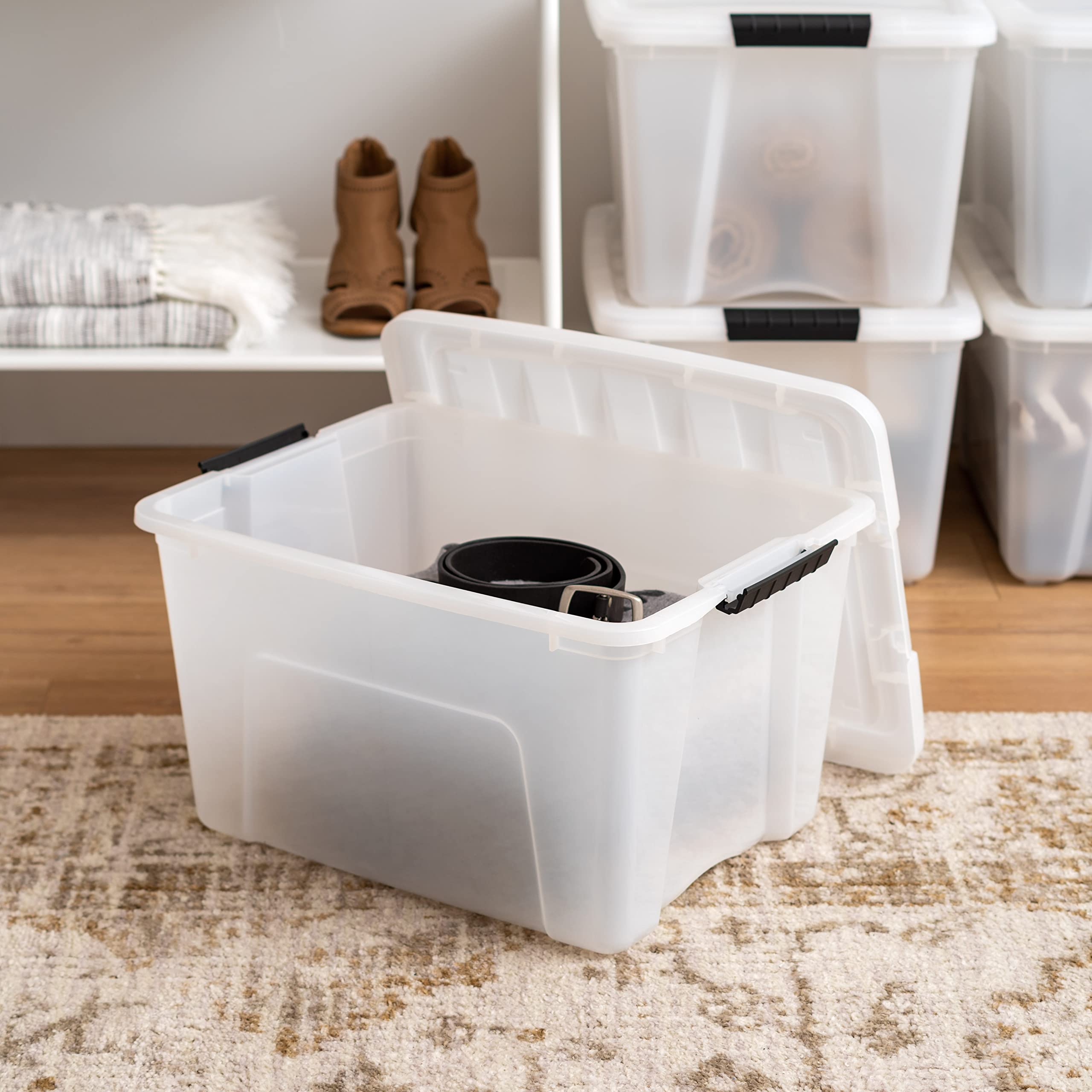 Iris Usa 40 Qt Stackable Plastic Storage Bins With Lids, 4 Pack - Bpa-Free, Made In Usa - Discreet Organizing Solution, Latches,