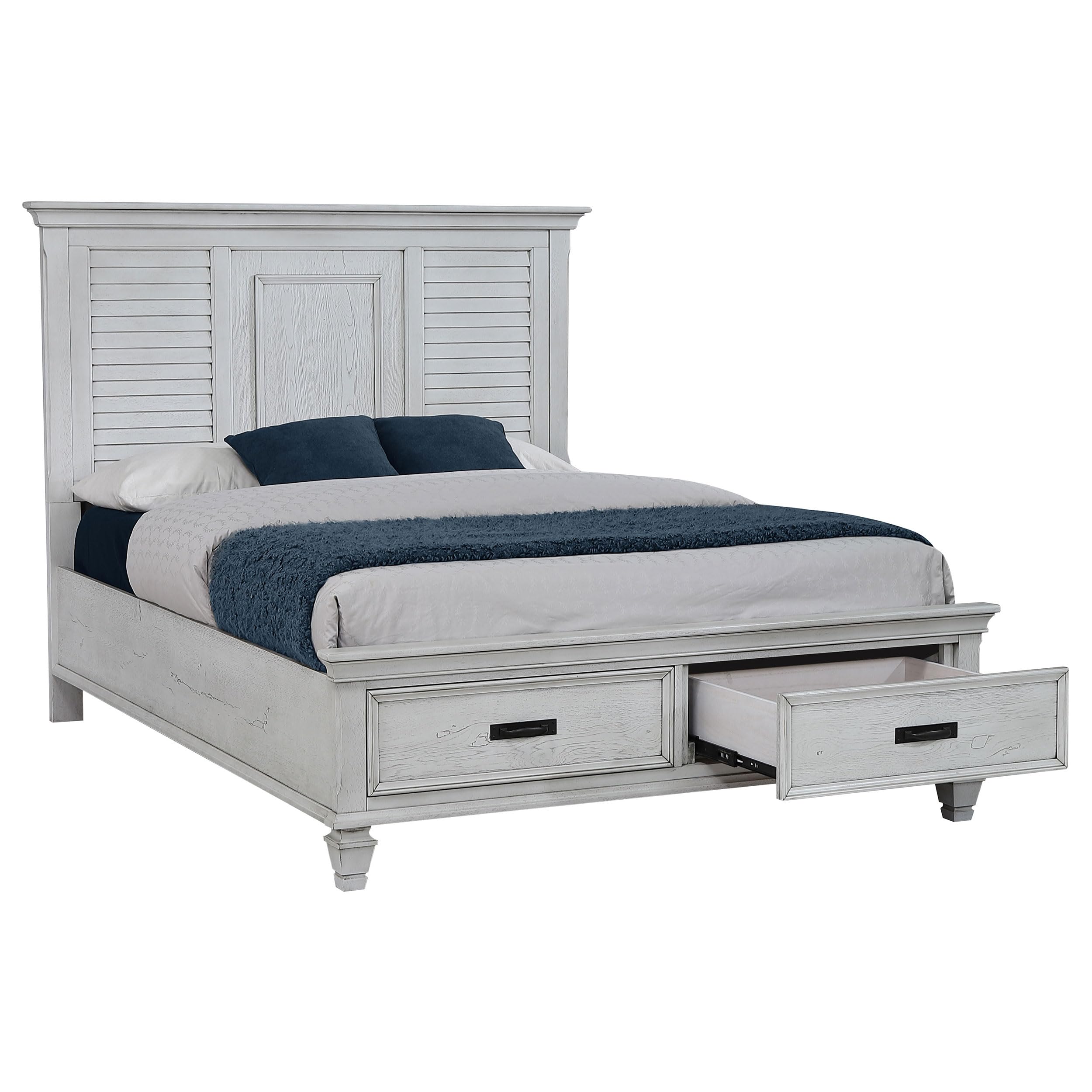 Coaster Home Furnishings Franco Farmhouse Wood Queen Size Storage Panel Bed Frame Platform Bed 57-inch Headboard Distressed White 205330Q