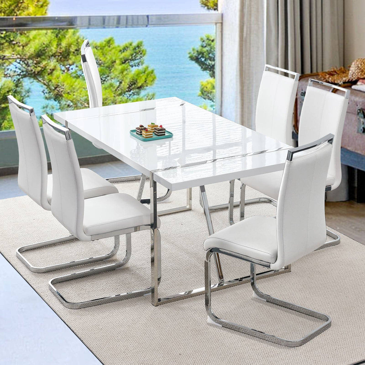 Dining Table Set For 6,White Rectangular Mdf Kitchen Table And Leather Dining Chairs Set Of 6, 7 Piece Dining Table Set,Modern Metal Frame Dining Room Table Set 6 With Metal Frame For Kitchen