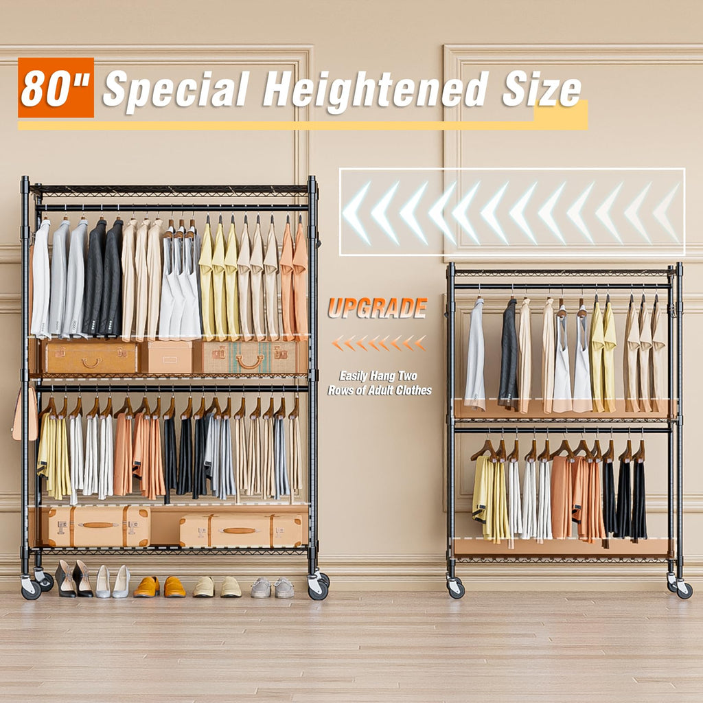 Homdox 3 Tier Heavy Duty Garment Rack With Wheels, Adjustable Wire Clothes Rack With Double Hanging Rods, Portable Closets For H