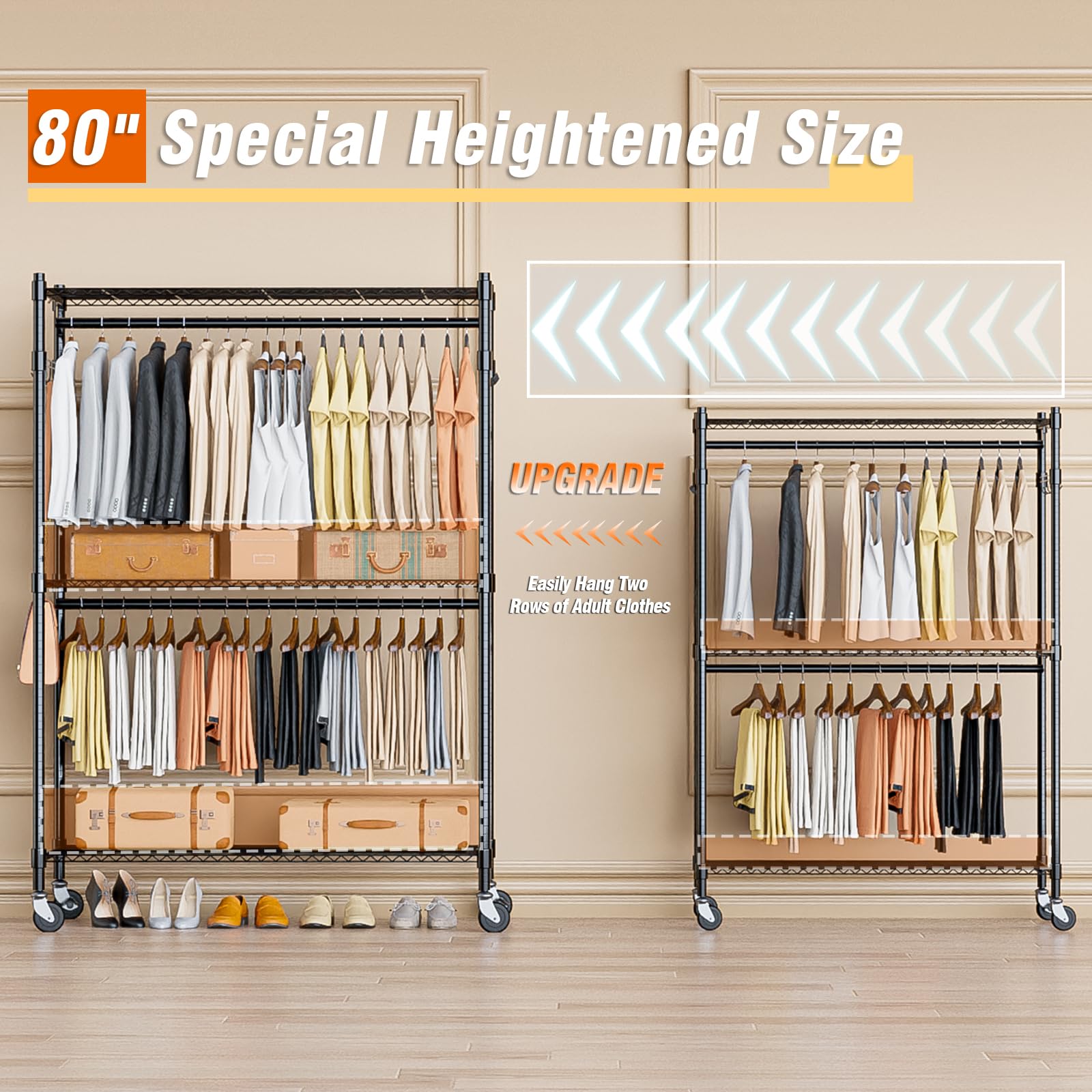 Homdox 3 Tier Heavy Duty Garment Rack With Wheels, Adjustable Wire Clothes Rack With Double Hanging Rods, Portable Closets For H