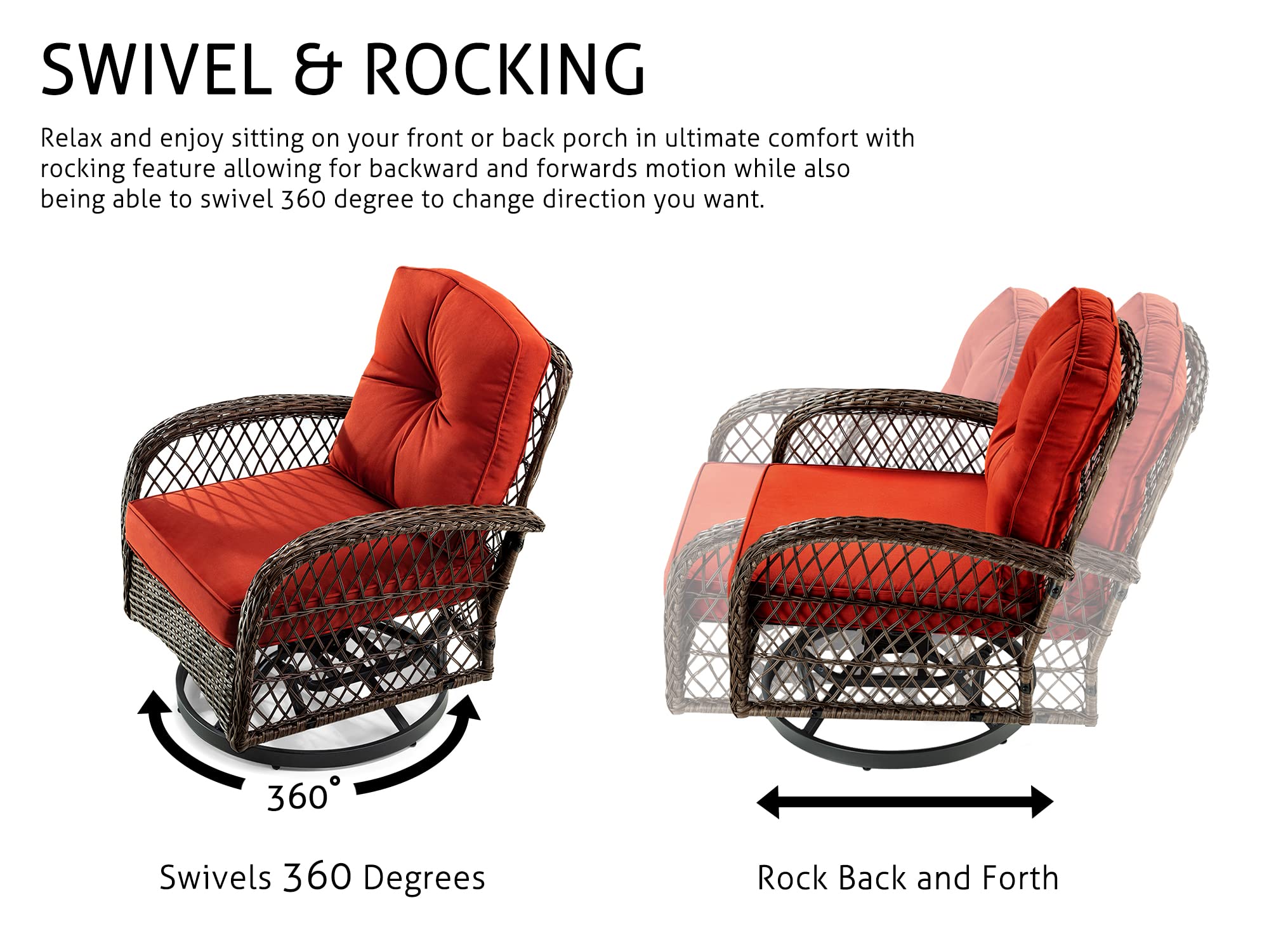 Sha Cerlin 3 Pieces Patio Furniture Set, Outdoor Swivel Glider Rocker, Wicker Patio Bistro Set With Rocking Chair, Cushions And Table (Red)