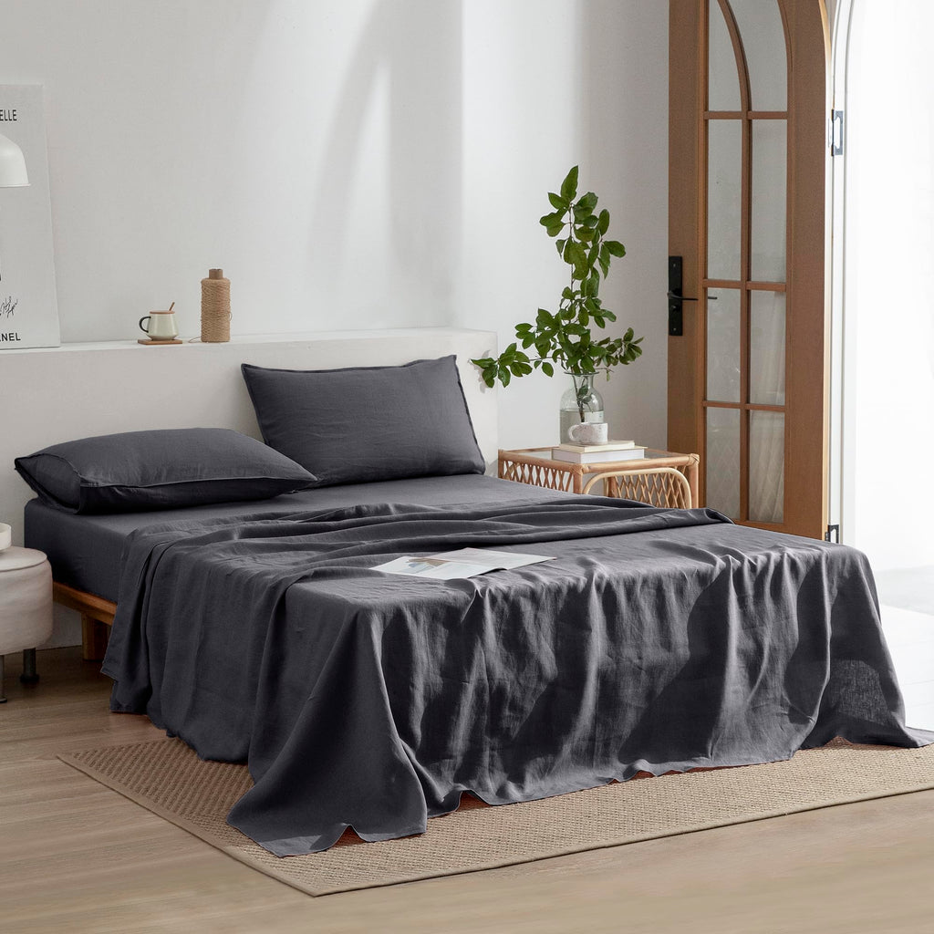 Everly Linen Queen Sheets Set, 100% Stonewashed French Linen Bed Sheets Deep Pocket Sheets, 4 Pieces (1 Flat Sheet, 1 Fitted She