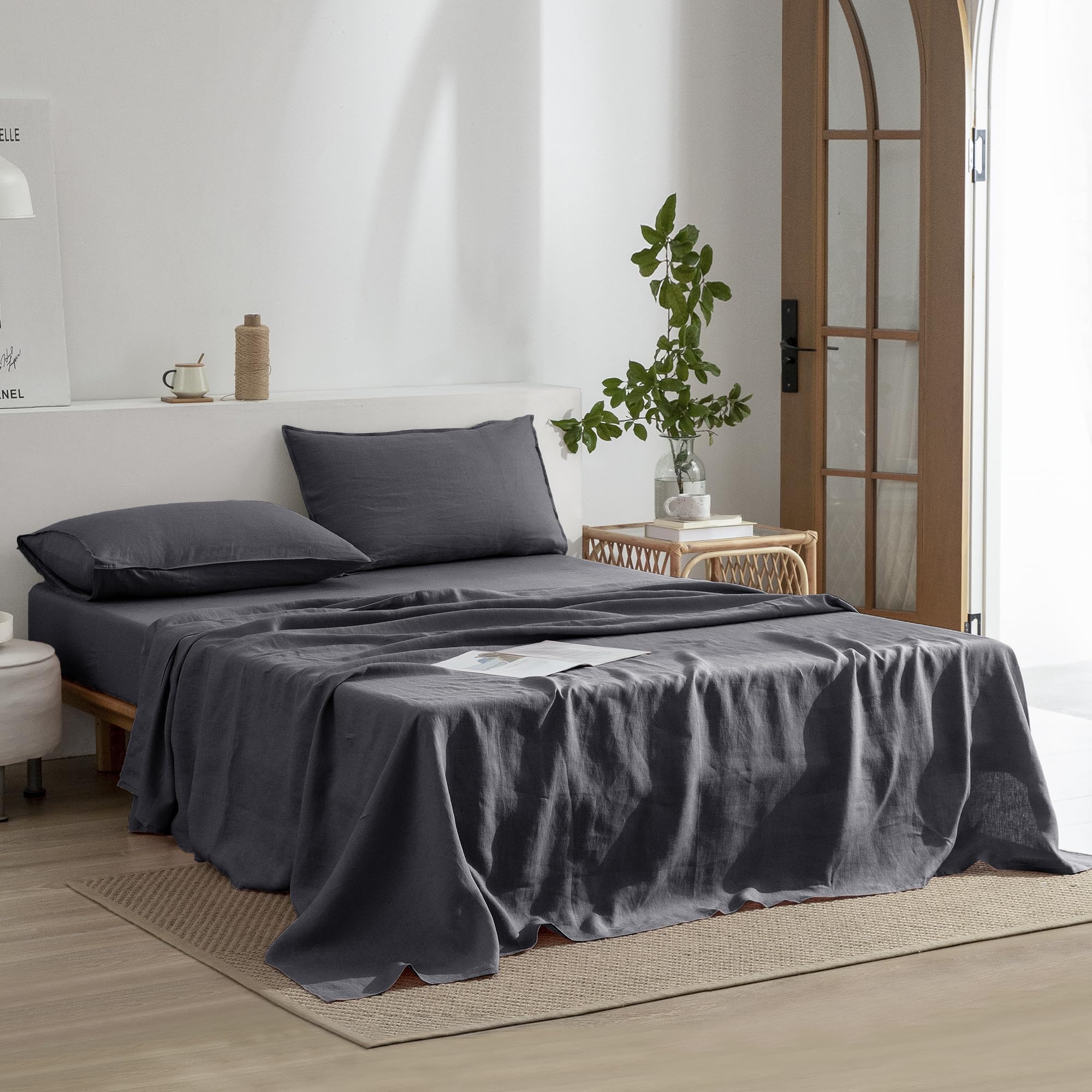 Everly Linen Queen Sheets Set, 100% Stonewashed French Linen Bed Sheets Deep Pocket Sheets, 4 Pieces (1 Flat Sheet, 1 Fitted She