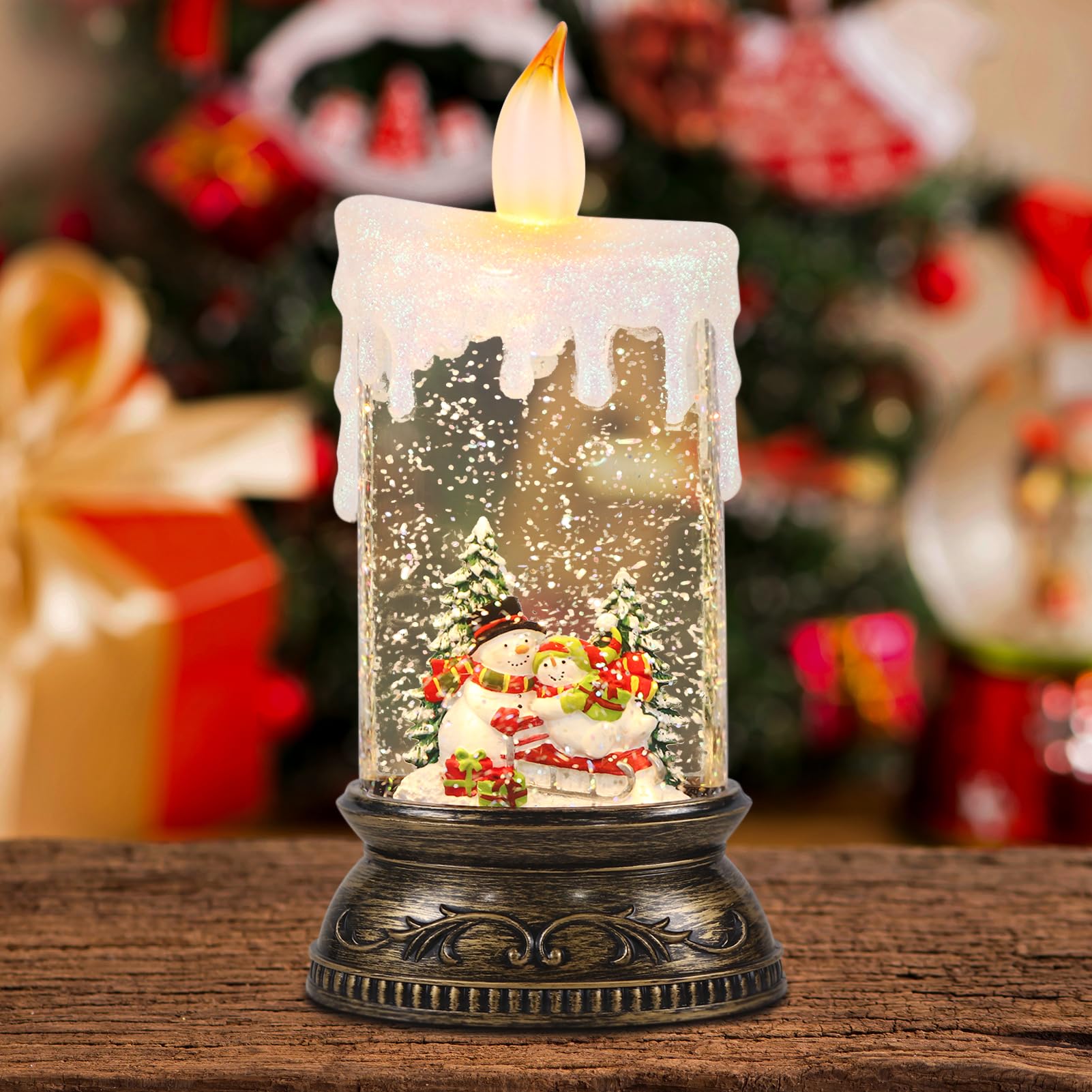 GenSwin Christmas Snow Globe Candle, Swirling Glittering Candle with Timer, Music, Snowmans Scene, Winter Snow Shaped Lantern, U