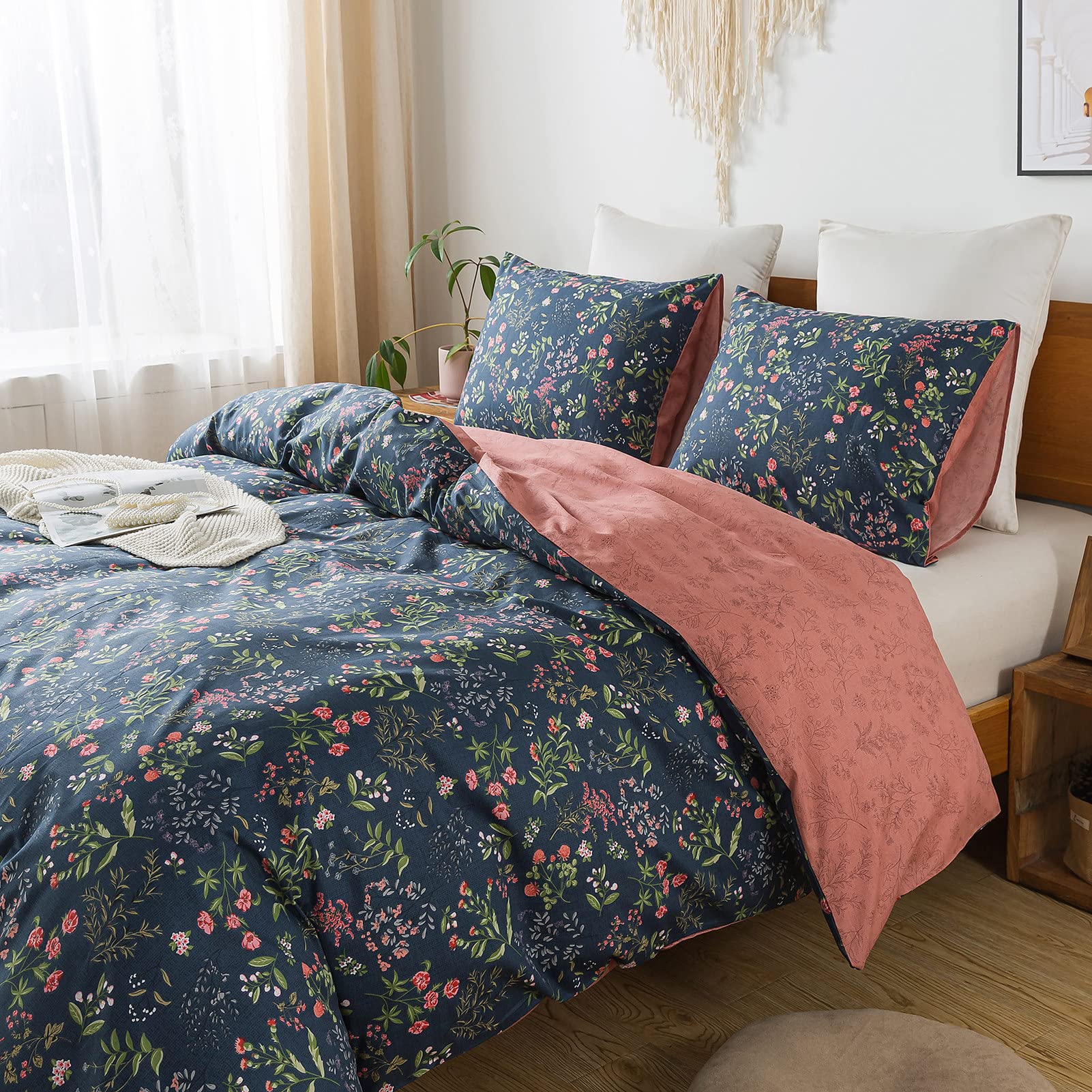 Honeilife Queen Duvet Cover Set - 100% Cotton Floral Duvet Cover Sets,Soft & Breathable With Zipper Closure & Corner Ties,3Pcs W