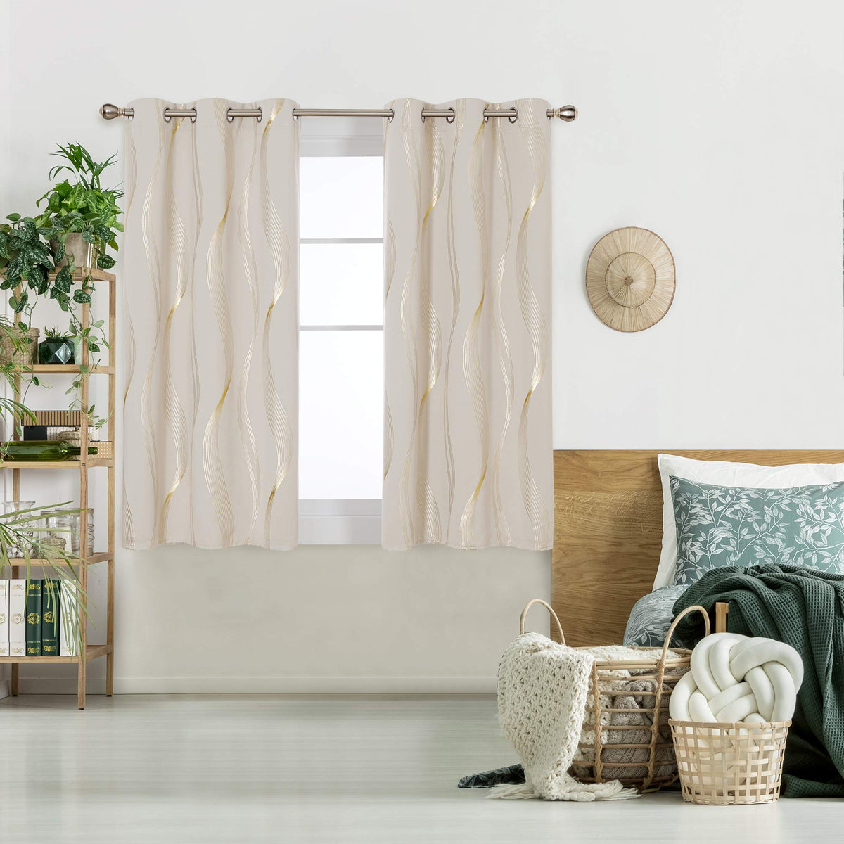 Deconovo Golden Foil Print Wave Striped Blackout Curtains, Room Darkening Thermal Curtains For Living Room, 52X45 Inch, Light Be