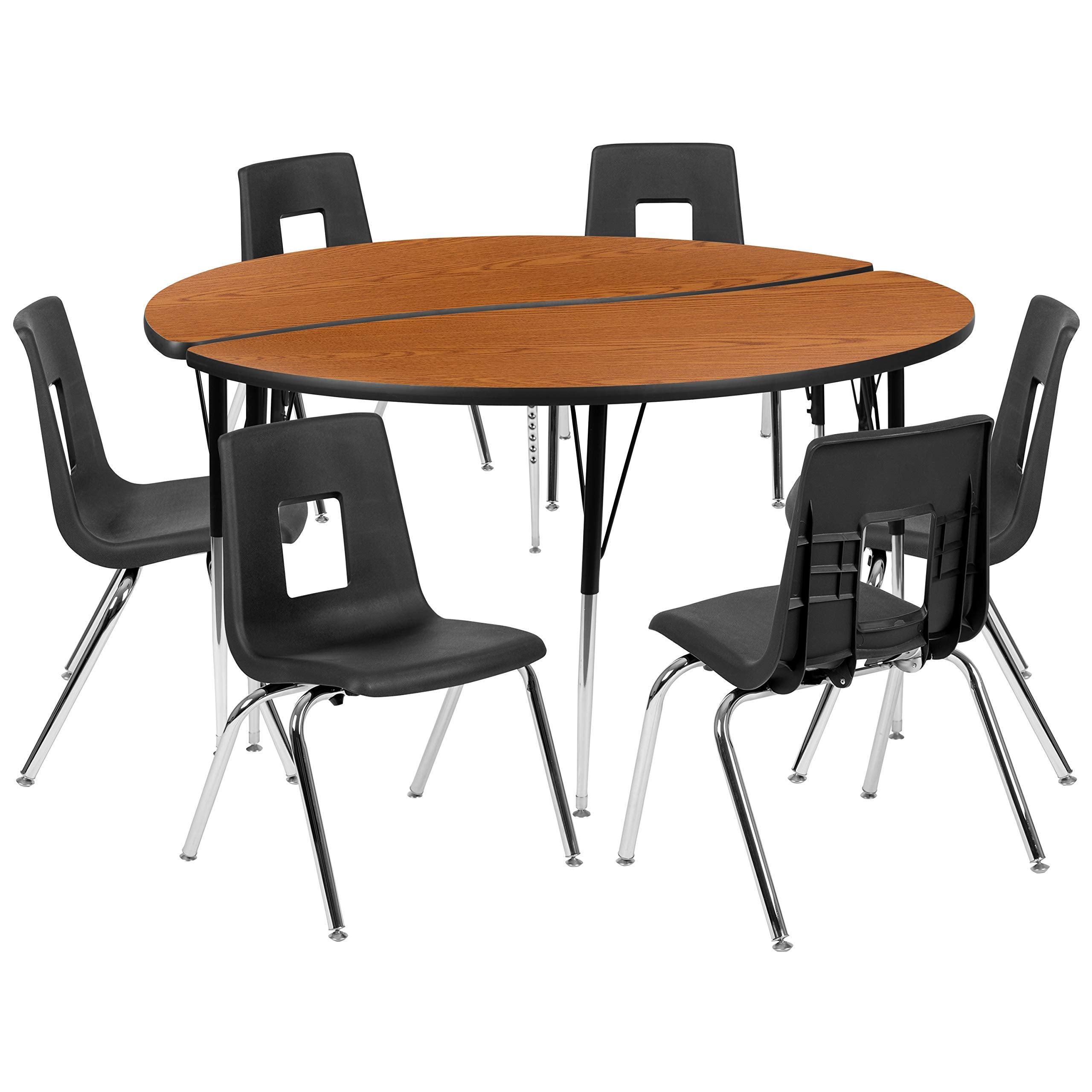 Flash Furniture 60' Circle Wave Collaborative Laminate Activity Table Set With 18' Student Stack Chairs, Oak/Black