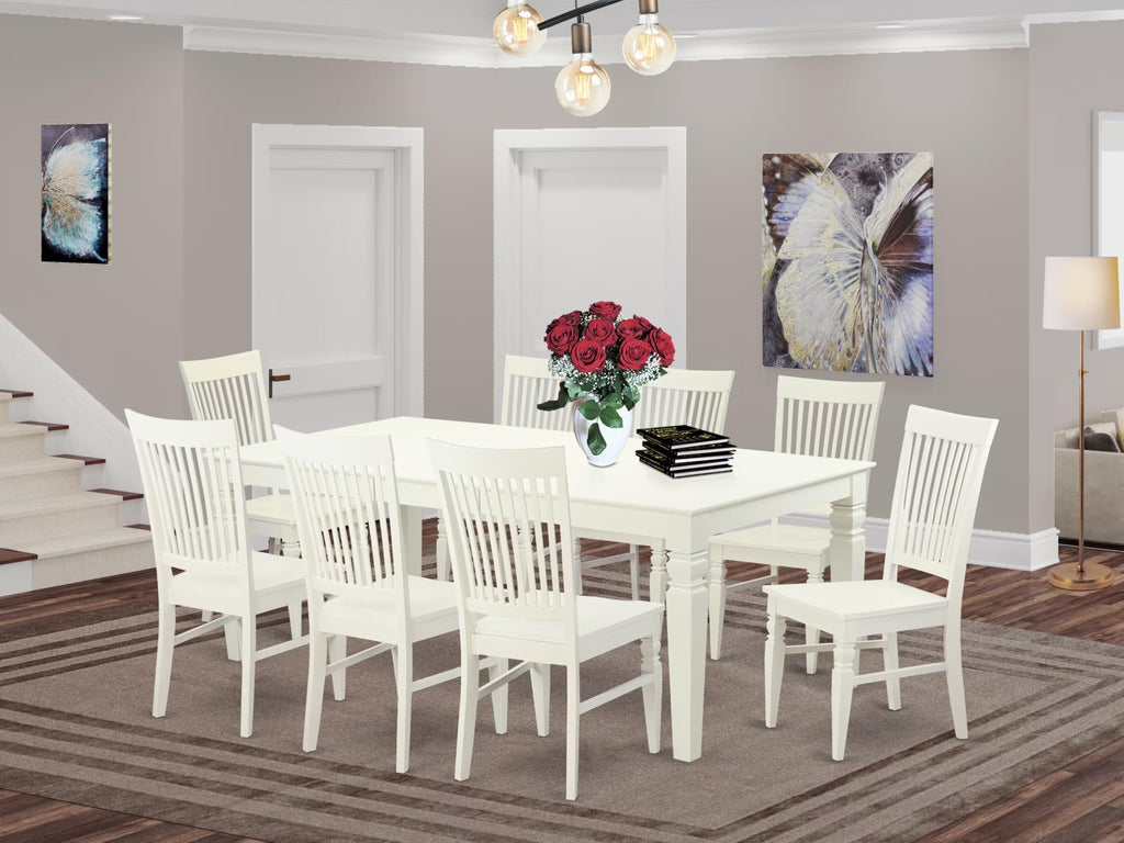 East West Furniture LGWE9-LWH-W 9 Piece Kitchen Table & Chairs Set Includes a Rectangle Dining Room Table with Butterfly Leaf and 8 Dining Chairs, 42x84 Inch, Linen White