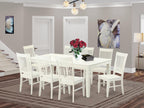 East West Furniture LGWE9-LWH-W 9 Piece Kitchen Table & Chairs Set Includes a Rectangle Dining Room Table with Butterfly Leaf and 8 Dining Chairs, 42x84 Inch, Linen White