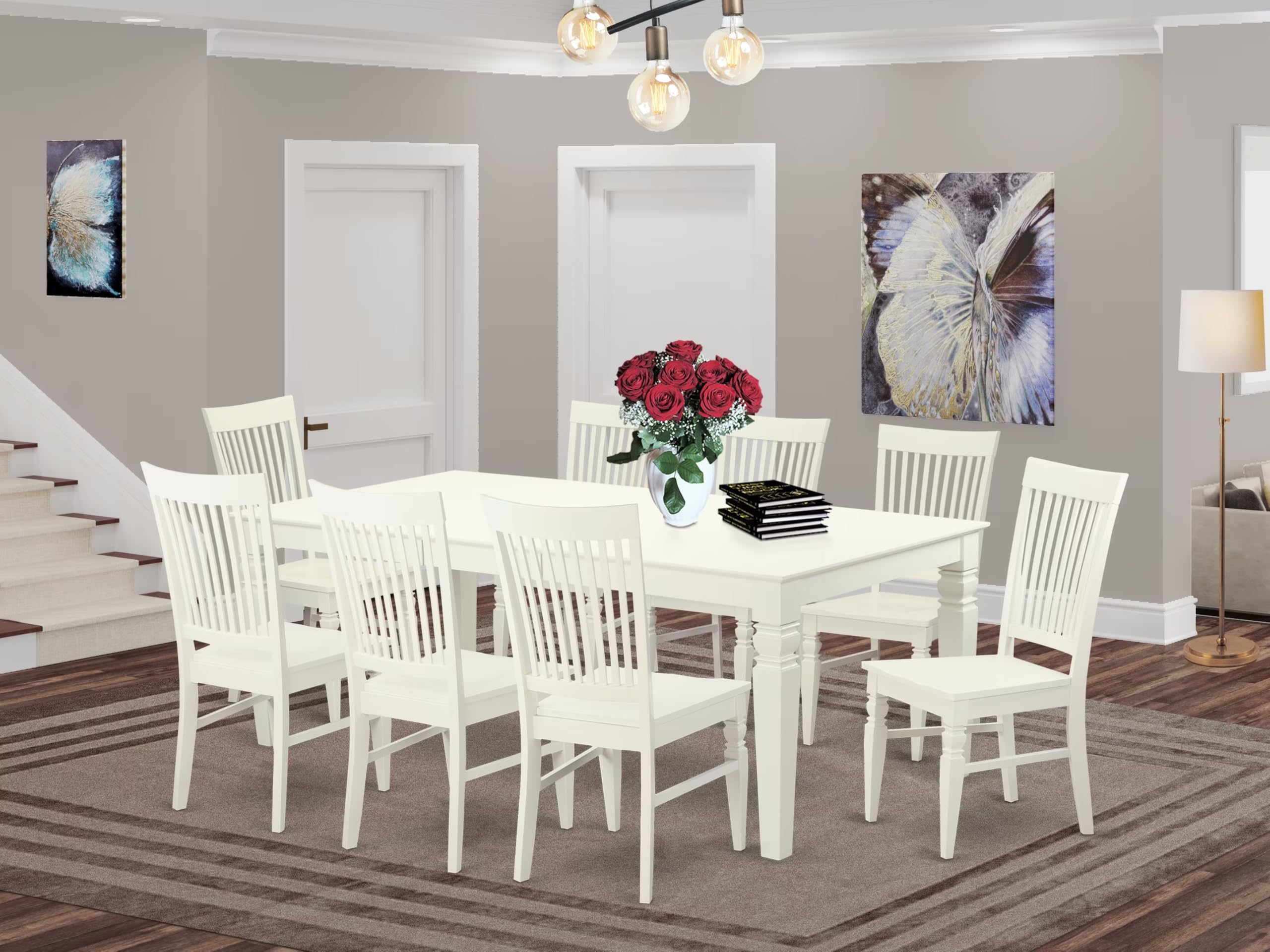 East West Furniture LGWE9-LWH-W 9 Piece Kitchen Table & Chairs Set Includes a Rectangle Dining Room Table with Butterfly Leaf and 8 Dining Chairs, 42x84 Inch, Linen White