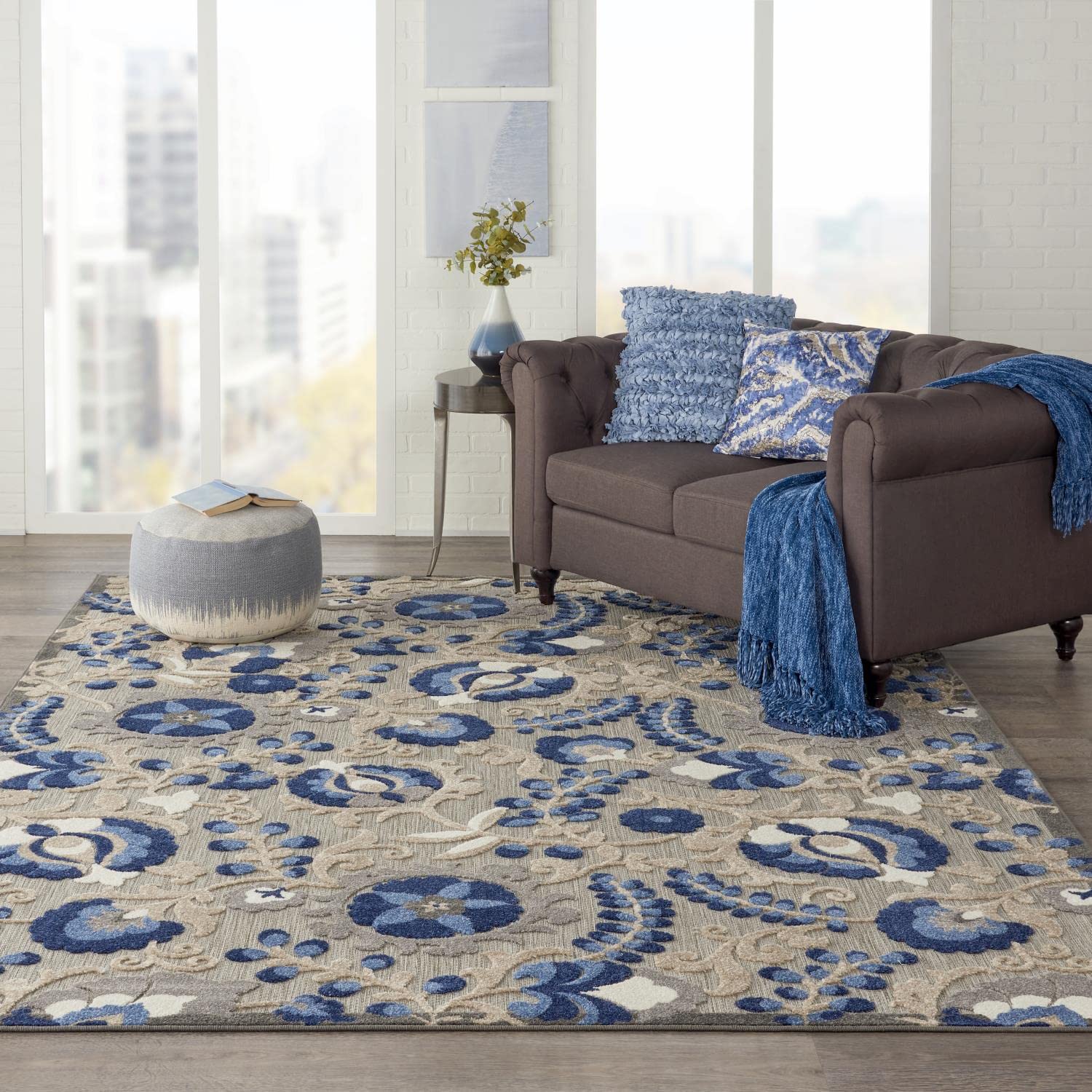 Nourison Aloha Indoor/Outdoor Natural/Blue 9'6' X 13' Area -Rug, Easy -Cleaning, Non Shedding, Bed Room, Living Room, Dining Room, Deck, Backyard, Patio (10X13)