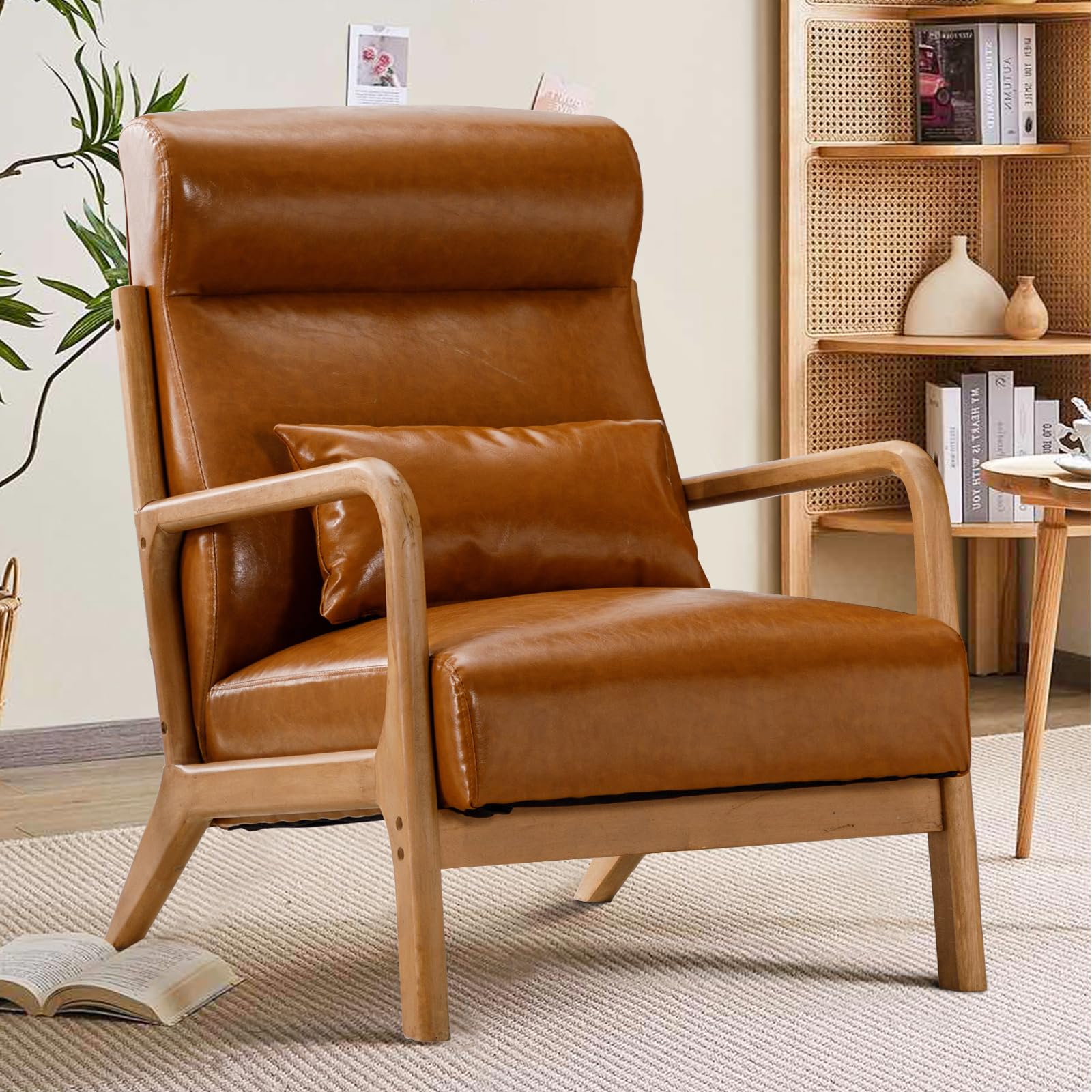 INZOY Mid Century Modern Accent Chair with High Back, PU Leather Reading Armchair with Waist Cushion, Upholstered Wood Frame Liv