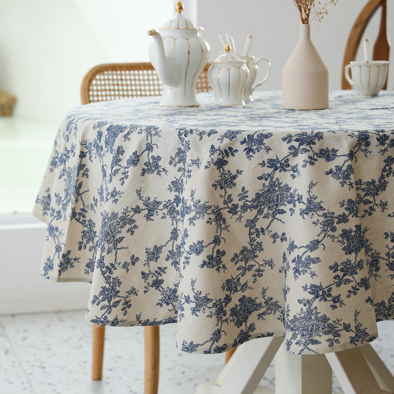 Pastoral Round Tablecloth - 60 Inch Dia. - Linen Fabric Table Cloth - Washable Table Cover With Dust-Proof Wrinkle Resistant For Restaurant, Picnic, Indoor And Outdoor Dining, Floral (Dark Blue)
