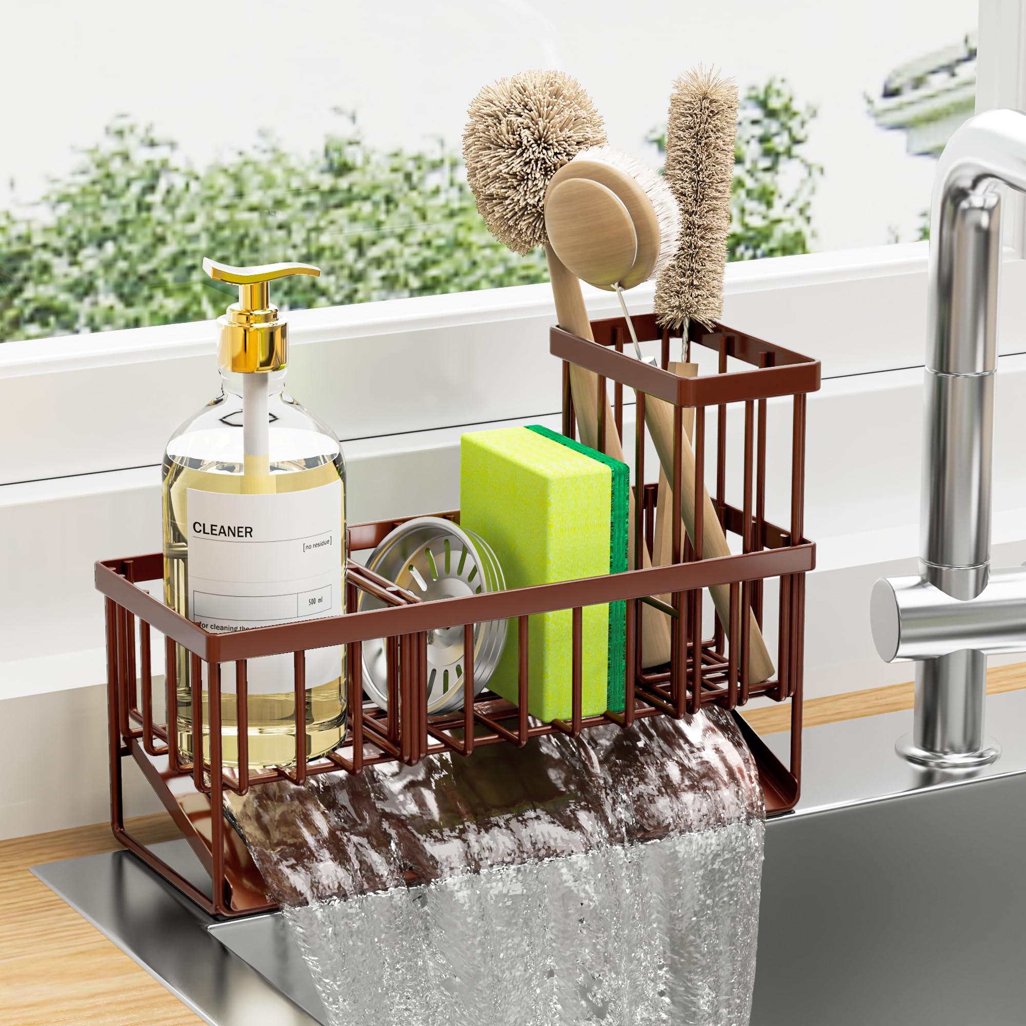 Cisily Kitchen Sink Caddy, Sponge Holder For Kitchen Sink, Kitchen Sink Organzier And Storage With High Brush Holder, Rustproof