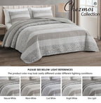 Chezmoi Collection Robyn 3-Piece Neutral Taupe Gray White Floral Hibiscus Flower Patchwork Striped Quilt Set - Pre-Washed Cotton