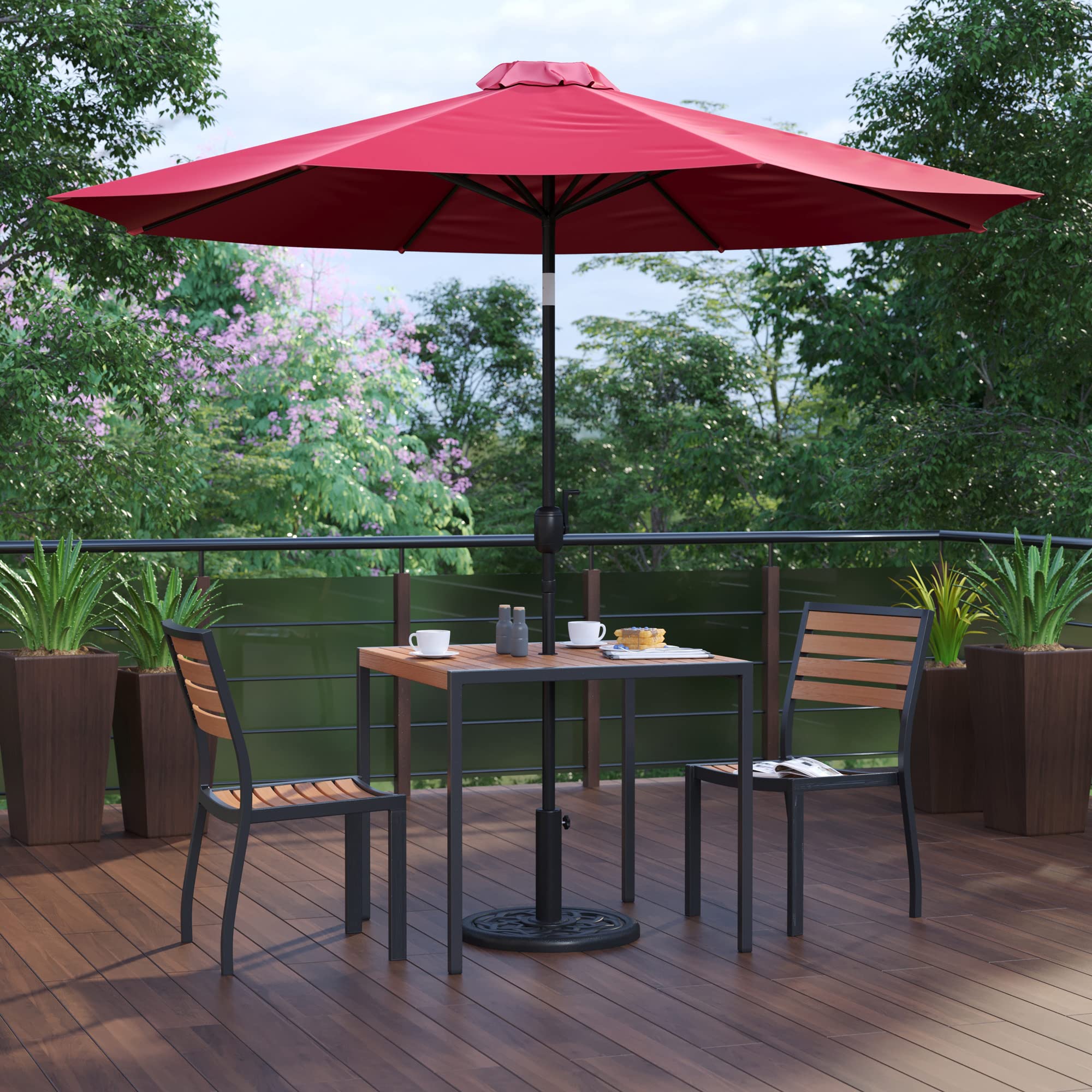 Flash Furniture Lark 5 Piece Patio Table Set - 2 Synthetic Stackable Faux Teak Chairs - 35&quot; Square Faux Teak Table - Red Umbrella with Base