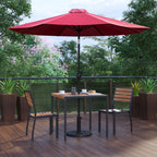 Flash Furniture Lark 5 Piece Patio Table Set - 2 Synthetic Stackable Faux Teak Chairs - 35" Square Faux Teak Table - Red Umbrella with Base
