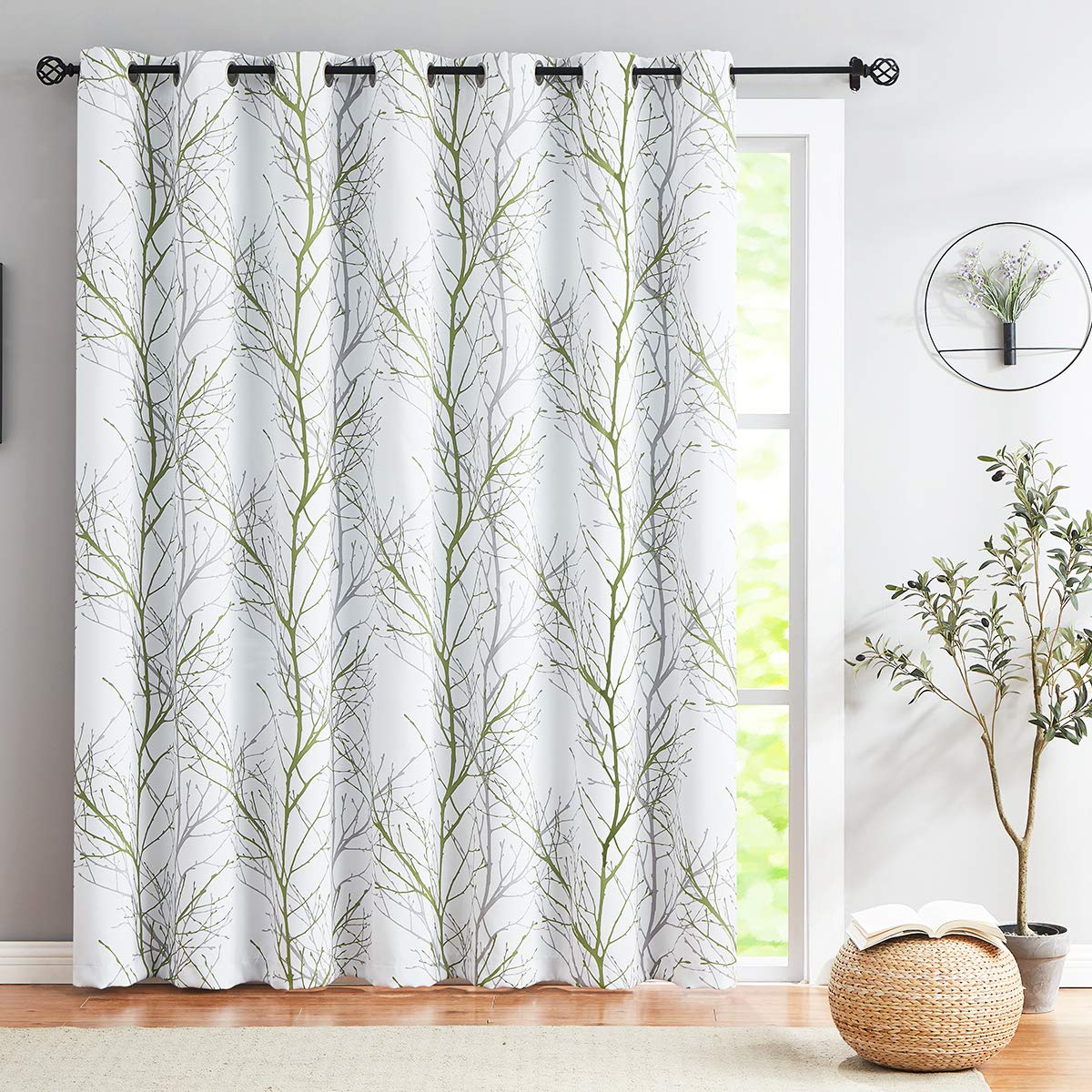 Blackout Patio Door Curtains for Bedroom 84inch Green White Tree Branch Print 100% Full Blackout Curtains for Living Room Energy
